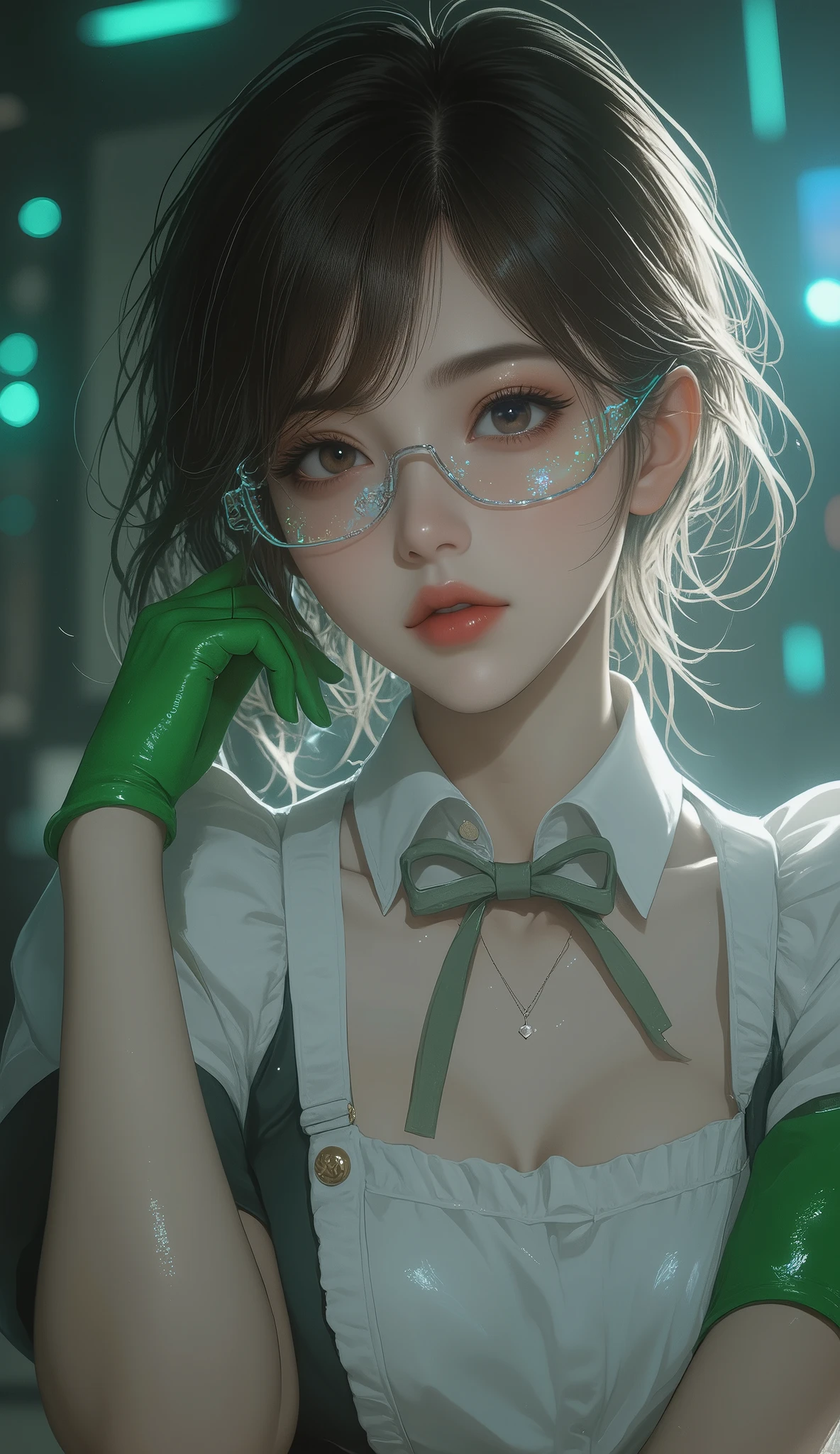 front open shirt,high resolution, clear focus, pixiv Masterpiece, ((intricate details)), Very detailed, Yuri Alpha, 1 girl, dark hair, (Green wristband, Green gloves, peak,:1.1) ,Holographic Glasses, , maid, Single steamed bun, skirt, necklace, bow tie, maid apron,