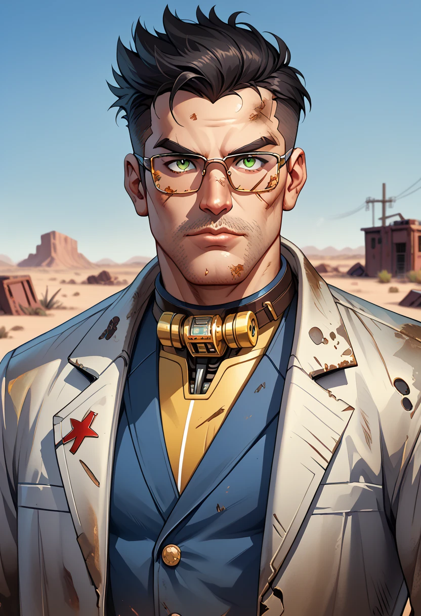  man, post-apocalyptic world, desert wasteland fallout ,  wasteland fallout doctor, solo, older wrestling coach, muscular male, daddy, macho, large pectorals, tron and  labcoat, male focus, middle-aged man, glasses, black hair, short hair, a strand of hair on forehead, green eyes, face focus, upper body shot, ((masterpiece))