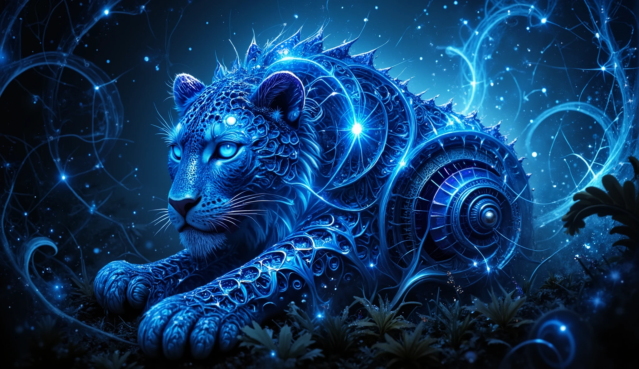 a digital illustration of a majestic leopard face, its glowing neon spots forming mesmerizing patterns, eyes shimmering like gemstones; the surrounding foliage twists into Fibonacci spirals, bathed in mystical blue light; a fantasy-inspired artwork with a dreamlike quality, soft diffused lighting --v 5 --stylize 1000