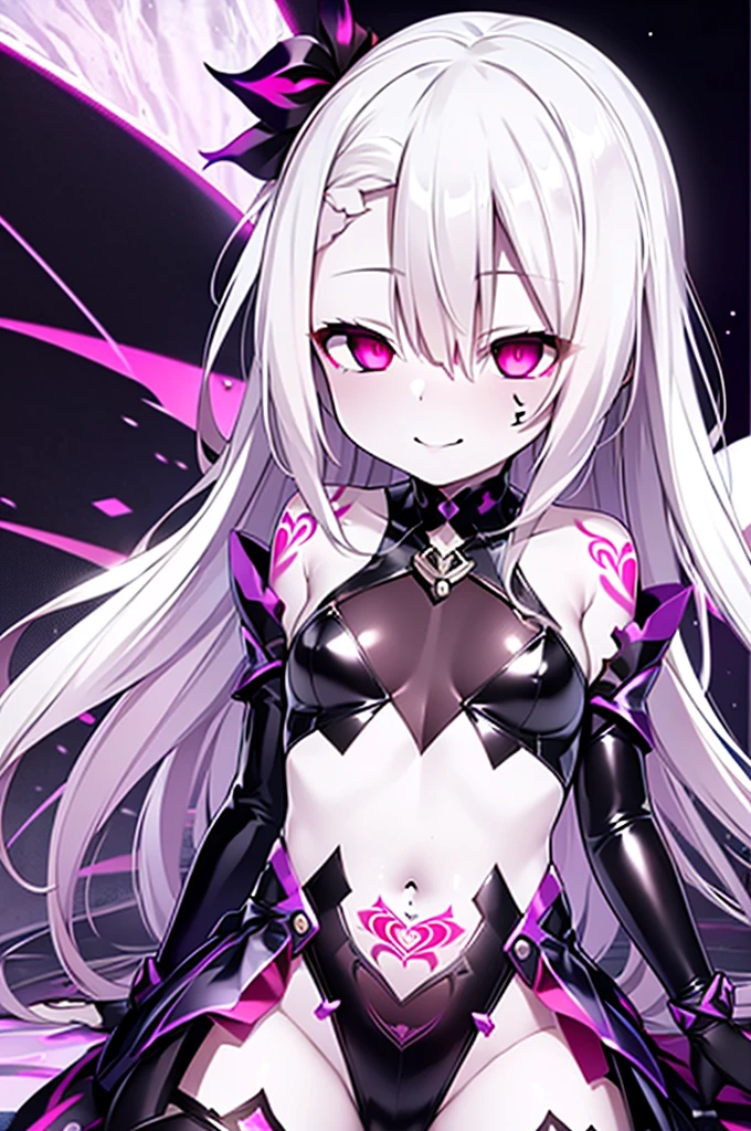 A cute woman is an evil elf (ivory skin, violet hair, violet eyes, extremely small sexy outfit, daggers in hand) she is in a menacing sexy stance, dungeon