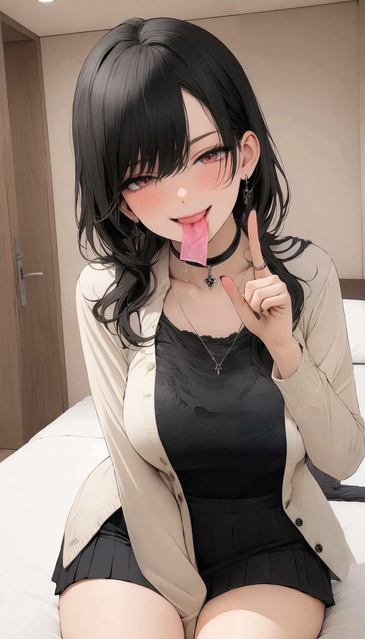 ( masterpiece, top quality, top quality, beautiful、Midea:1.2), 1 person,beautiful, mom in health, it's cute, sexy clothes and beautiful and cute、 black and semi-long hair , girls on the left, Mature Woman, 40 years old, speaking eyes, perfect finger, bedroom, Deleted, holding a pink condom in his mouth, star-studded eyes, 40's, milf, mini skirt, detailed thighs, detailed fingers, sheer, wet, lying bed, bed room,