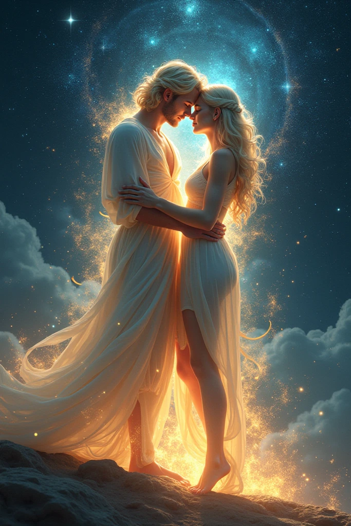 An artistic representation of the creation myth according to Greek Mythology. The image depicts primordial characters of the myth like Gaia the Earth Goddess and Uranus the Sky God, their interactions and relationships leading to the creation of the cosmos. The scene includes celestial bodies, mythological creatures, mountains, and oceans, all of which are significant elements in the Greek creation myth.