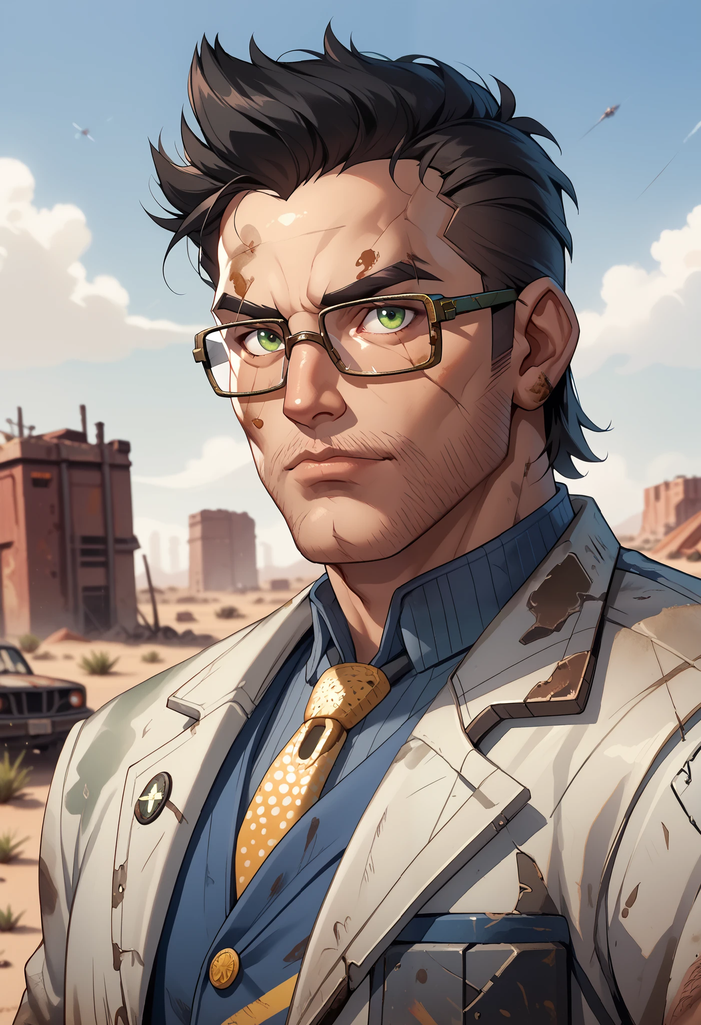 man, post-apocalyptic world, desert wasteland fallout , wasteland fallout doctor, solo, older wrestling coach, muscular male, daddy, macho, large pectorals, tron and dirty labcoat, male focus, middle-aged man, glasses, black hair, short hair, a strand of hair on forehead, green eyes, face focus, upper body shot, ((masterpiece))