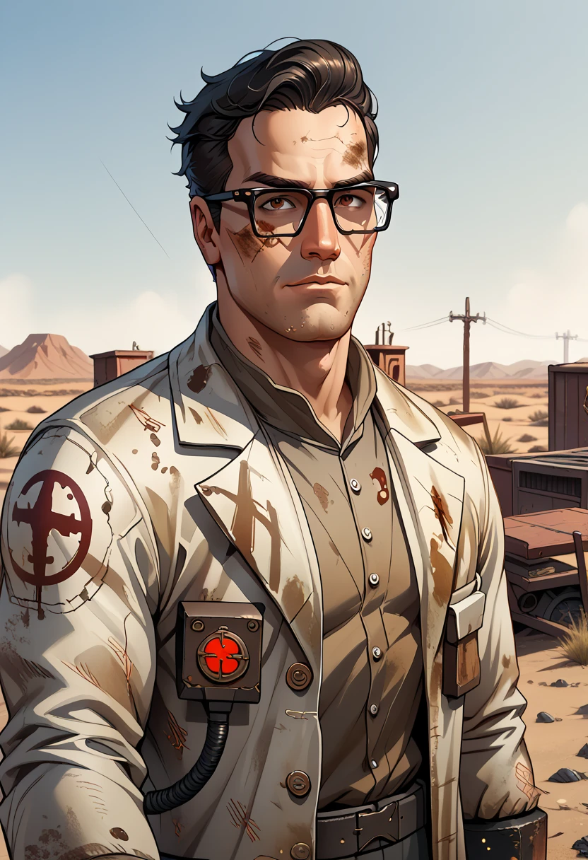  man, post-apocalyptic world, desert wasteland fallout ,  wasteland fallout doctor, solo, older wrestling coach, muscular male, daddy, macho, large pectorals, tron and dirty labcoat, male focus, middle-aged man, glasses, black hair, short hair, a strand of hair on forehead, brown eyes, face focus, upper body shot, ((masterpiece))