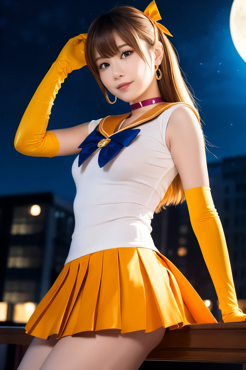 masterpiece,bestquality,highres,venus1,1girl,solo,sailorsenshiuniform,sailorvenus,ainominako,blondehair,magicalgirl,blueeyes,orangeskirt,elbowgloves,tiara,pleatedskirt,hairbow,orangesailorcollar,miniskirt,choker,redbow,orangechoker,whitegloves,verylonghair,jewelry,earrings,,sitting,crossedlegs,