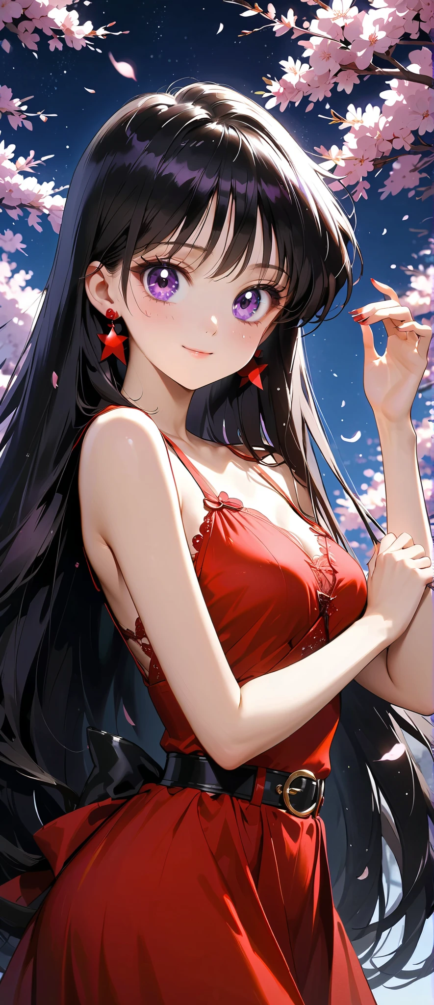 masterpiece, best quality, very aesthetic, ultra detailed, intriguing details, aamars, long hair, black hair, hair combed to the side, earrings, purple eyes, small breasts, hand on own face, 1girl, usagi's birthday, cute red long dress with neck, white cherry blossoms printed, smile, black belt, detailed background, intricate details, very night, Various sexy poses, Depicts the whole body, Enchanting Eyes, focus drawn to eyes, highly detailed eyes