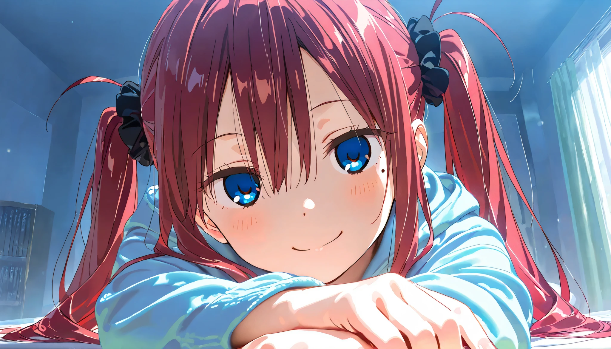 masterpiece , best quality, 1girl, medium length and tied into twin pigtails on both sides, round eyes, black scrunchie, bangs,hair between eyes, red hair, blue eyes eyes, mole under left eye, -yeld, hie, looking at viewer, smiling, in the room, hyper detailed, anime, (hard-edged:1.4), golden ratio, highly saturated colors, dynamic pose, upper body, night