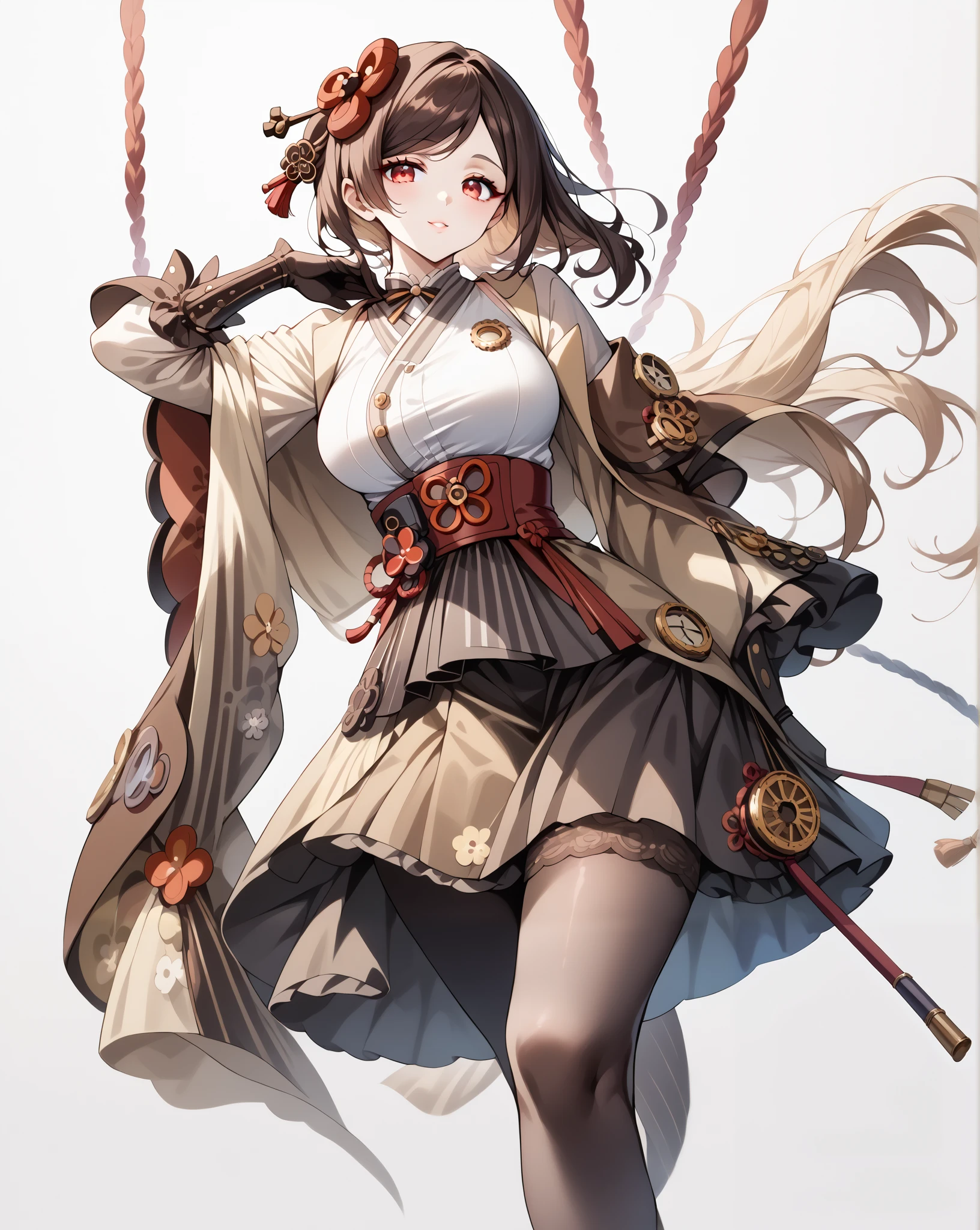 score_9, score_8_up, score_7_up, source_anime, 4K,perfect fingers,(perfect hands, perfect anatomy),prefect lighting, very aesthetic, intricate details,highly detailed background, masterpiece, high quality, best quality,
1girl,Solo,genshinchiori, chiori, brown hair, hair ornament, red eyes, flower, hair flower, large breast,
wearing ((steampunk design,Her attire includes a light beige/cream-colored top with brown accents detailing and stitching reminiscent of gears and cogs, She wears a brown lace-edged steampunk-inspired under-skirt with decorative details, )),,
((White plain background:1.5)) , ((White plain background:1.5)) , She's posing with her body angled toward the viewer, her gaze directed slightly to the viewer's right, The visual focus is on the woman and her costume, The lighting is bright and highlights the costumes' textures and details,