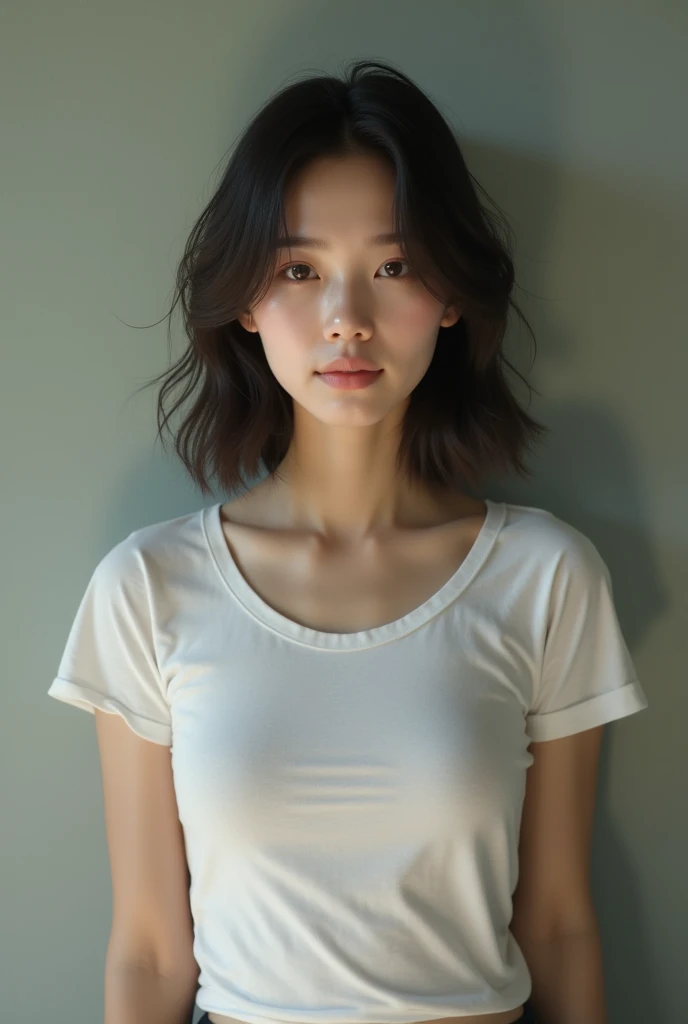 Highest quality、masterpiece、Ultra-high resolution、(Realism:1.4)、 1 person、In a pale background、Deep Shadow、Low Key、Shortcuts、Upper Body、sex appeal、Wearing a thick T-shirt、Cosmetic CM