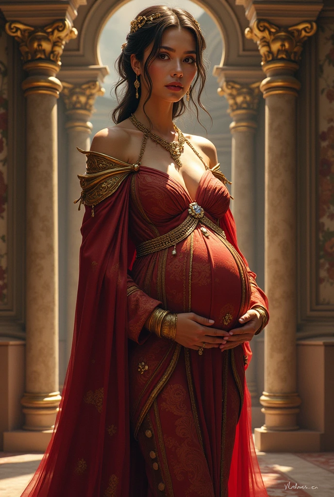 UHD 8k, HDR+, cute pregnant blonde elf with big piercing eyes, with a golden calle on her neck, huge earrings, giant earrings, a beautiful elven face, elven ears, gold bracelets on her arms, long black hair flowing over her shoulders, white high heels, high heels, elven snow-white dress embroidered with gold, Against the background of the palace of the elf king, detailed background, detailed background, realistic, 1girl, solo girl, 20 year old girl, ultra realistic face, hyperrealistic, hyperdetailed, (looking at viewers), sharpen, detailed face, detailed eyes, detailed lips, red lips, beautiful face, 16k, FHD, raw photo, cute face mesh, pretty face mesh, portrait shot 8 k
