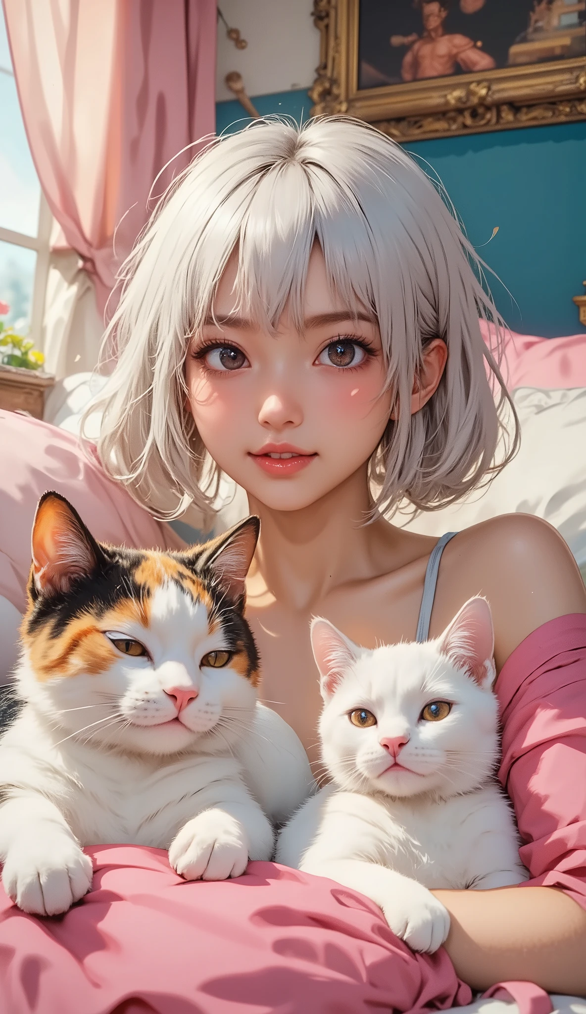 score_9, score_8_up, super realistic depiction, high resolution, masterpiece, highest image quality, high definition, 4K quality, 8K quality, beautiful girl, japanese, twenty years old, sexy idol, (((white hair))), short hair, (((smile shyly:1.8))), gaze, long eyelashes, (((big brown eyes))), blush, pink lip, tilt its head, (((cute pink loungewear))), (((lie in bed:1.4))), (((touch hair:1.3))), (((colorful cute bedroom:1.4))), (((A calico cat and a white cat are lying down)))