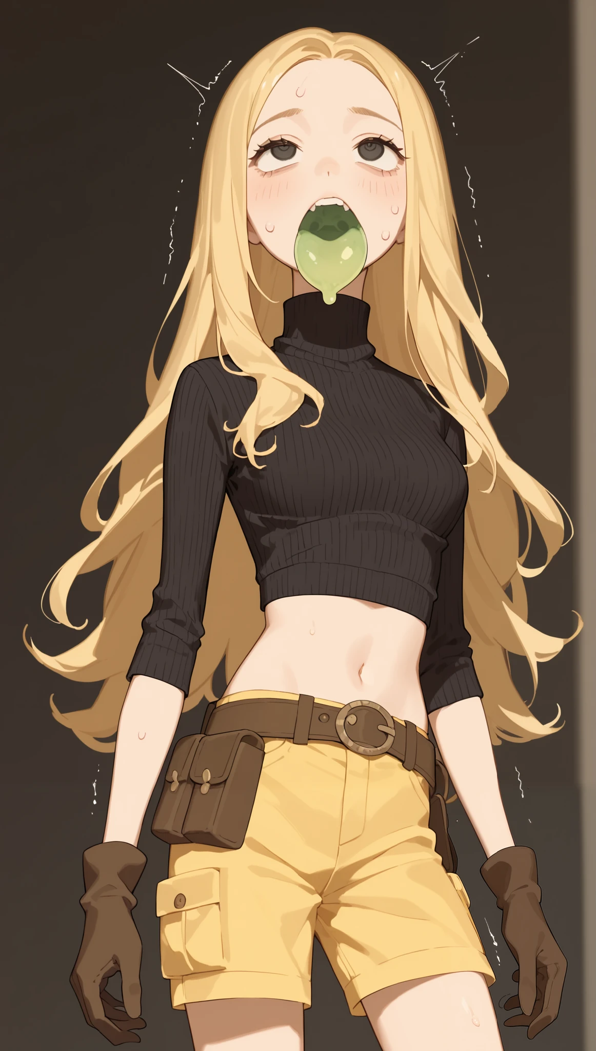 ((masterpiece,best quality)), {horror_edit : } {} { ({ (Terra, 1girl, yellow shorts, solo, long hair, blonde hair } { gloves, black turtleneck, midriff, belt, belt pouch } { :} {standing : widely opened mouth : slime exiting mouth, mouth_full_with_slime : slime inside mouth , perverted slime, sweating, dead_eyes , trembling} { sweating : tears : rolling_eyes : blank looks } { { obedient : slave } : } : dark, messy bedroom : }