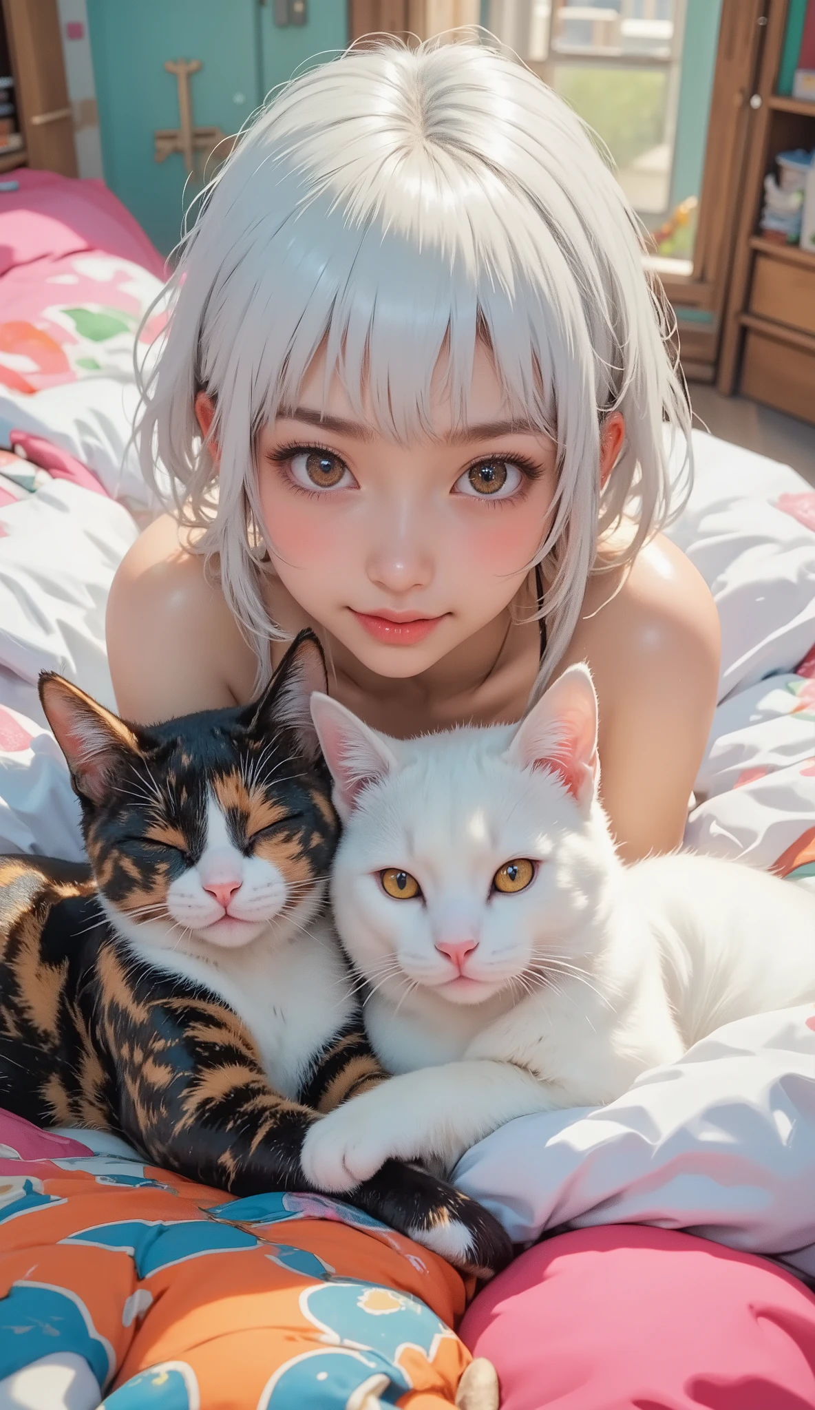 score_9, score_8_up, super realistic depiction, high resolution, masterpiece, highest image quality, high definition, 4K quality, 8K quality, beautiful girl, japanese, twenty years old, sexy idol, (((white hair))), short hair, (((smile shyly:1.8))), gaze, long eyelashes, (((big brown eyes))), blush, pink lip, tilt its head, (((cute pink loungewear))), (((lie in bed:1.4))), (((touch hair:1.3))), (((colorful cute bedroom:1.4))), (((A calico cat and a white cat are lying down)))