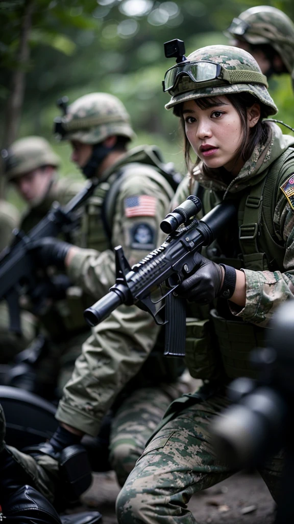 holding a rifle and radio staring at the audience,jungle、mechanized Soldier Girl, Future Battle Gear , Realistic Soldier , Cinematic — ar 16 :9, Keep PDW, wearing tactical armor, Heavily armed, ry Girl, Camouflage Gear , Airsoft Gun CQB, Realistic Military Gear , Soldier Girl, military girl , Beautiful female soldier