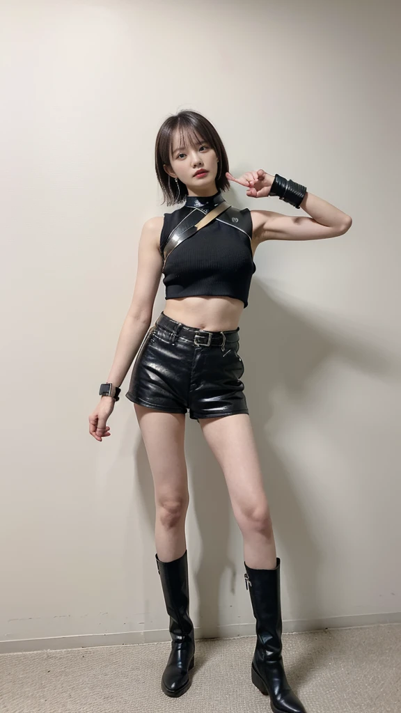 (8K、RAW Photos、Highest quality、masterpiece:1.2)、(Highest quality、Realistic)、1 Girl、((leather、ガーターbelt、Tube top、Arm Covers、Ninja costume、mini skirt、Medium Hair、Serious face、black、tights、Belly button、Gloves、belt、ribbon、See-through、Thin legs、whole body、boots、Spotlight、stage、boots、View from the front、Looking into the camera、Stand with hands on hips))、