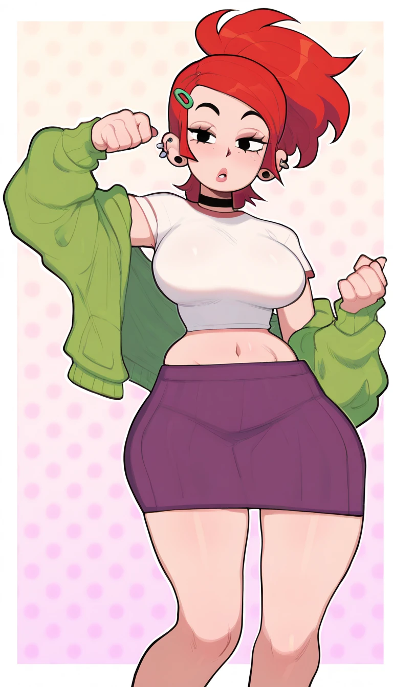  a beautiful sexy woman big breast beauty pink skin short pink hair disheveled her black eye yellow pupil dresses white button down shirt and a short dark green skirt pair of white socks long black shoe