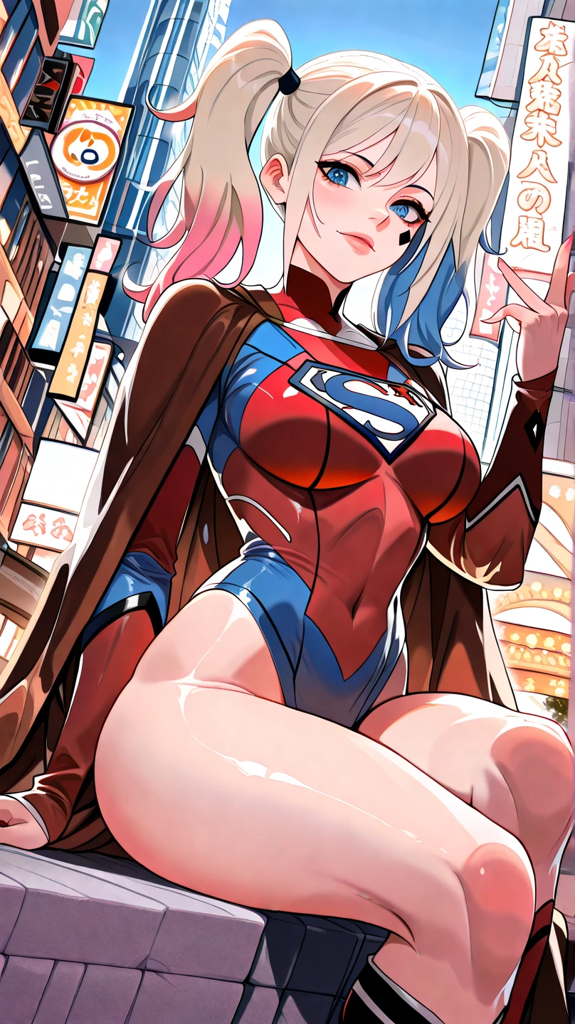 (full body), (masterpiece:1.2), (Highest_quality:1.2), (Ultra_detailed:1.3), 8K, Low - Angle,From below, 1 Girl,alone,大きなButtの女の子, red knee high long boots,wearing spcc costume with cape,( Supergirl), Blue leotard,Red mini skirt,Red Cape,gloves,hoshino-ponytail,hoshino \(blue archive\), heterochromia,medium hair,ponytail,pink hair,ahoge,Halation,(Browsing Caution,Heart-shaped pupils,Masturbation,Masturbation,Man muscle,Groin, Butt,Sweat,,Climax,To convulsions,Wear a green collar,wrists tied with chains),