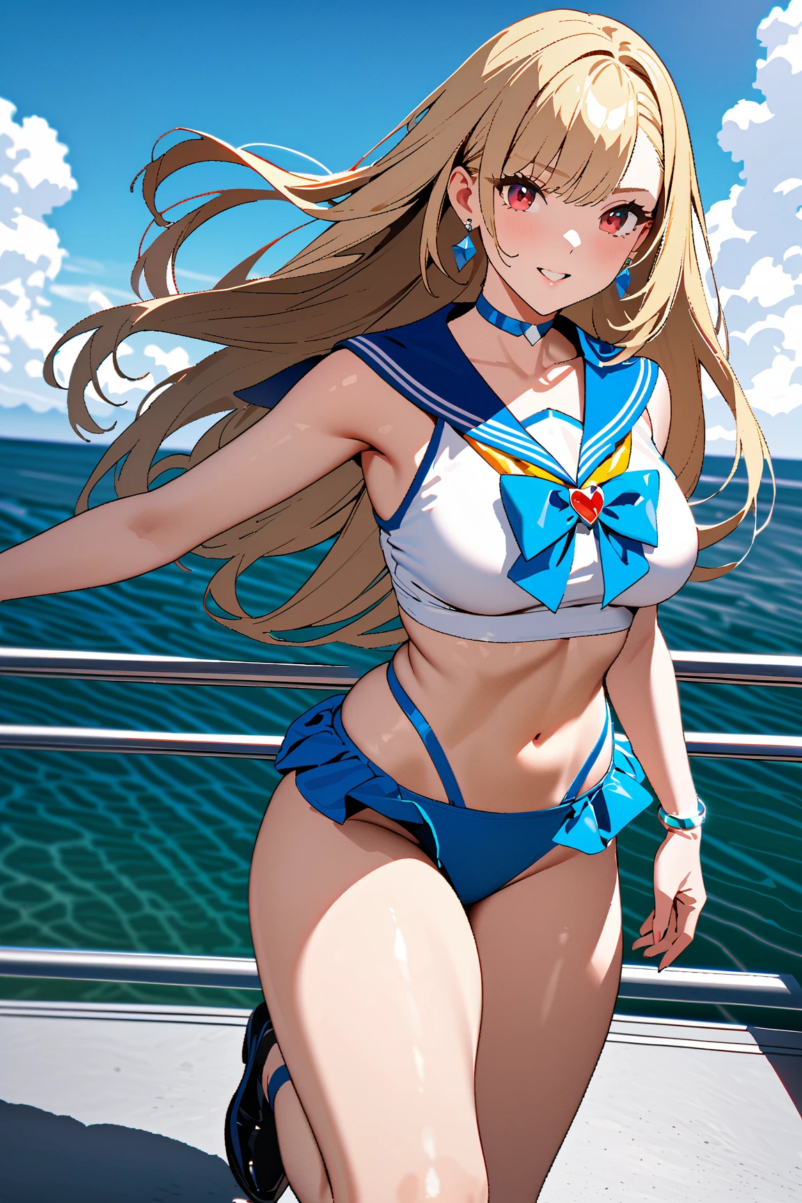 Masterpiece、Highest quality、Super detailed、1 girl、(Big Tits)、Fluffy and soft long hair、Blue Eyes、Cleavage、((Underboobを見せる))、smile、Too big soft breasts、Blonde、Underboob、Underboob、Underboob、Breasts spilling out、Naked and in a sailor suit、Peeking from below