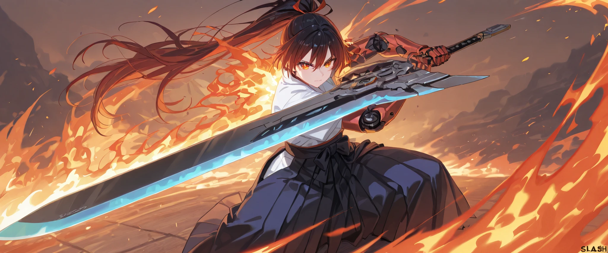 (best quality), high detailed, holding sword, high quality sword, (big weapon), (attack stance:1.1), action pose, oversized iron sword, Girl, mechanical arm, burning arm, (iridescent blade), (Slash), serious, hakama, beautiful eyes, super fine eyes, (Close-up:1.1)