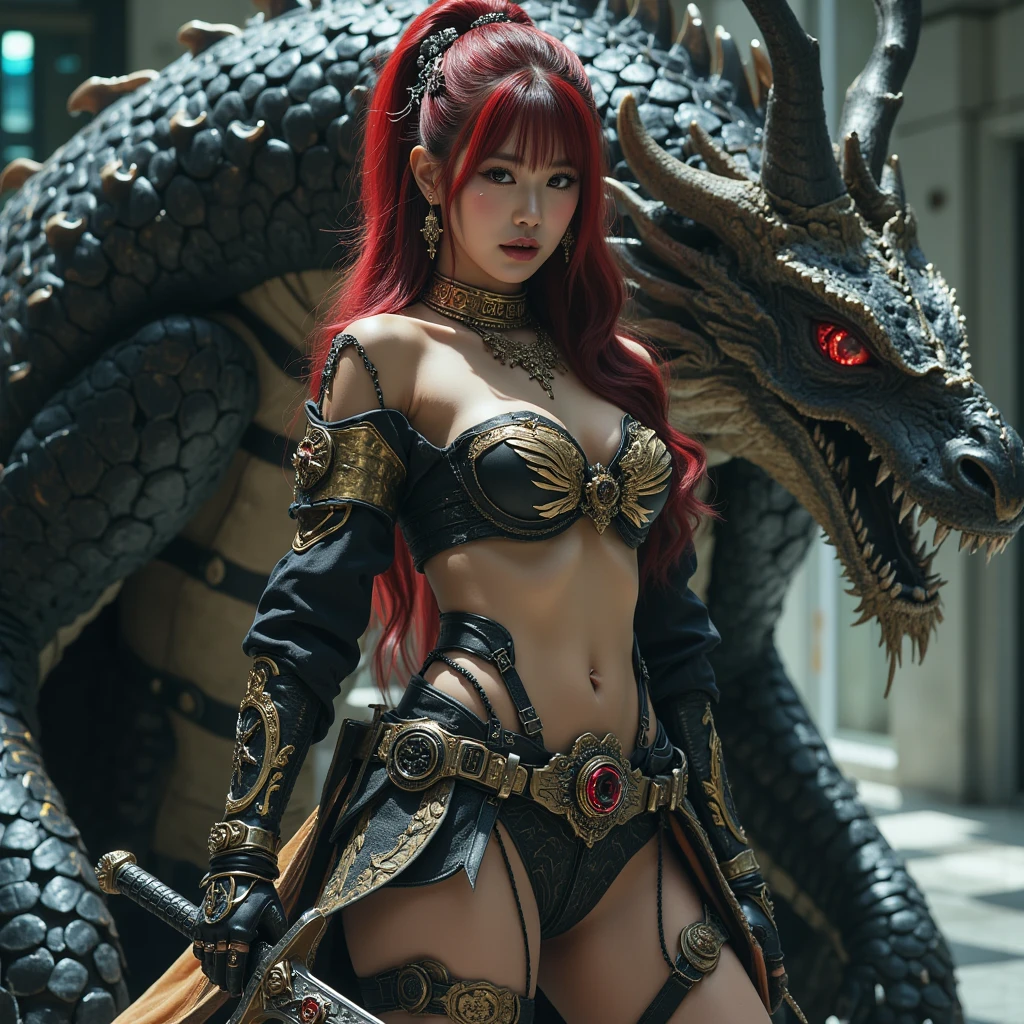 (The Ultimate Beauty Face), Professional , masterpiece、top-quality、photos realistic , depth of fields (Gemstone Black Metal Body:1.4),(Matte Black、(cleavage of the breast)、((super realistic details))、portlate、octan render、8K、Armpit、ultrasharp、Dragon Gold Weapon,Mystical expression、Particles of light、(Beautiful beauties),((((Fight dragons)))、(Dragon Metal Body:1.4),Gorgeous Silver Weapons ,(( Dragon's dense and gorgeous sword)) , Beautiful knife ,warhammer 40k , adepta sororitas,Detail and gorgeous crown、((Red hair))、(Castle background)、、((Gangle's forest background))、Beautiful Caucasian beauty、1a person、dynamic ungle,(((Detailed and ornate Black Devil Crown)))、Smaller head、A smile、Castle background、Thin and beautiful female hands、cleavage of the breast、Soldier in iron armor on background、Mystical expression、Light Effects、intense fighting、Wind-effect、magic circles、With the legendary magic wand、(demonic wings)、