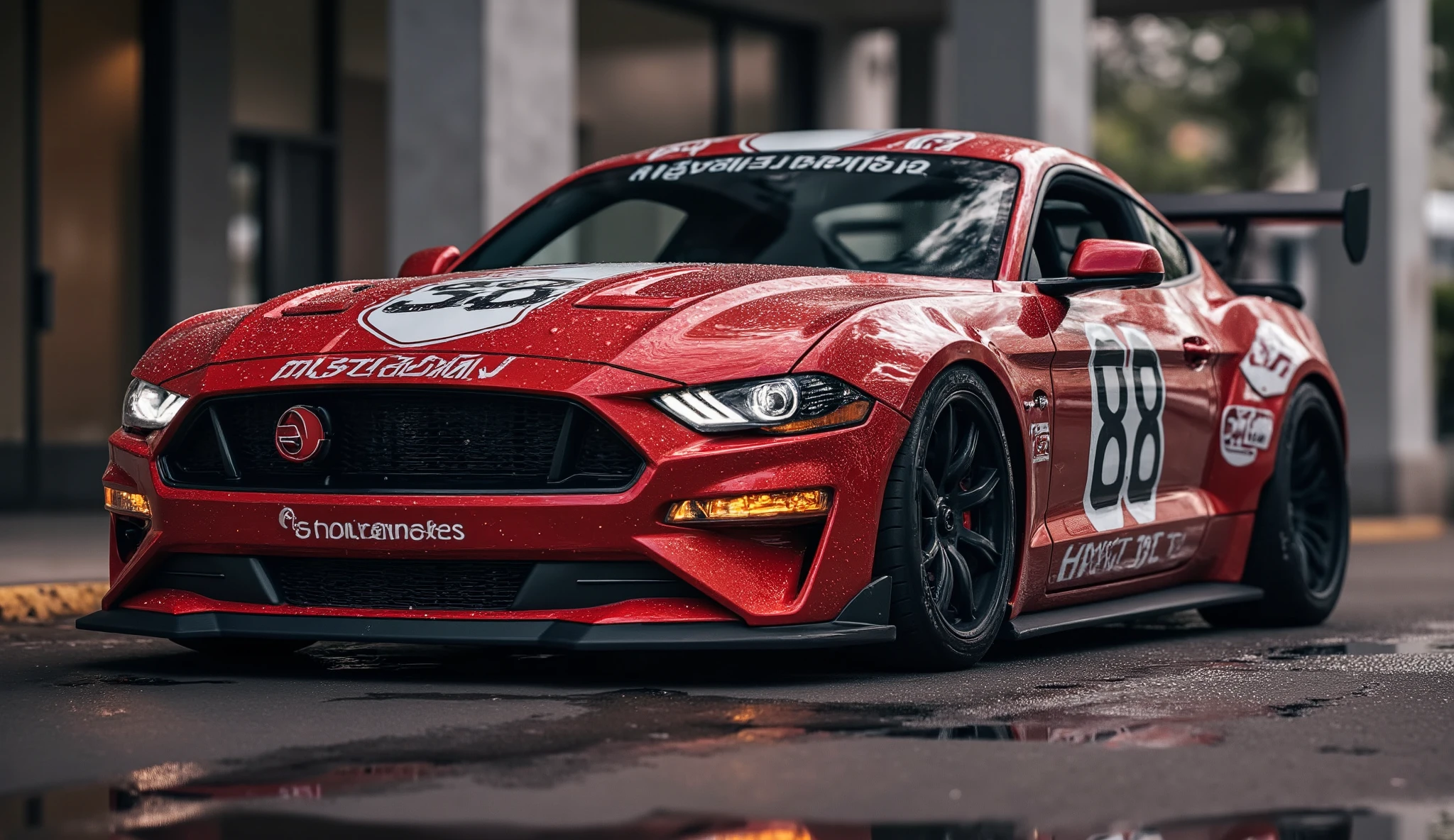 his car is a 2025 #88 Ford Mustang with hycade wide body kit, in the style of andreas rocha, erik jones, diego rivera, bold lettering, rtx, group f/64, havencore, 8k, ultra detailed + details + Cinematic + Color Grading + hyper - detailed + beautifully color - coded + insane details + intricate details + beautifully color graded + Unreal Engine, Cinematic + Color Grading + Editorial Photography + Photography + Photoshoot + Depth of Field + DOF + Tilt Blur + Super - Resolution + Megapixel + ProPhoto RGB + VR + Lonely + Good + Massive + Halfrear Lighting + Backlight + Natural Lighting + Incandescent + Optical Fiber + Moody Lighting + Cinematic Lighting + Studio Lighting + Soft Lighting + Volumetric + Contre - Jour + Beautiful Lighting + Accent Lighting + Global Illumination + Screen Space Global Illumination + Ray Tracing Global Illumination + Optics + Scattering + Glowing + Shadow + Rough + Shimmering + Ray Tracing Reflections + Lumen Reflections + Screen Space Reflections + Diffraction Grading + 3d render + Chromatic Aberration + GB Displacement + Scan Lines + Ray Traced + Ray Tracing Ambient Occlusion + Anti - Aliasing + FKAA + TXAA + RTX + SSAO + Shaders + OpenGL - Shaders + GLS L - Shaders + Post Processing + Post - Production + Cel Shading + Tone Mapping + CGI + VEX + SFX + insanely detailed and intricate + hypermaximalist + elegant + hyper realistic + super detailed + cinematic atmosphere + cinematic lighting