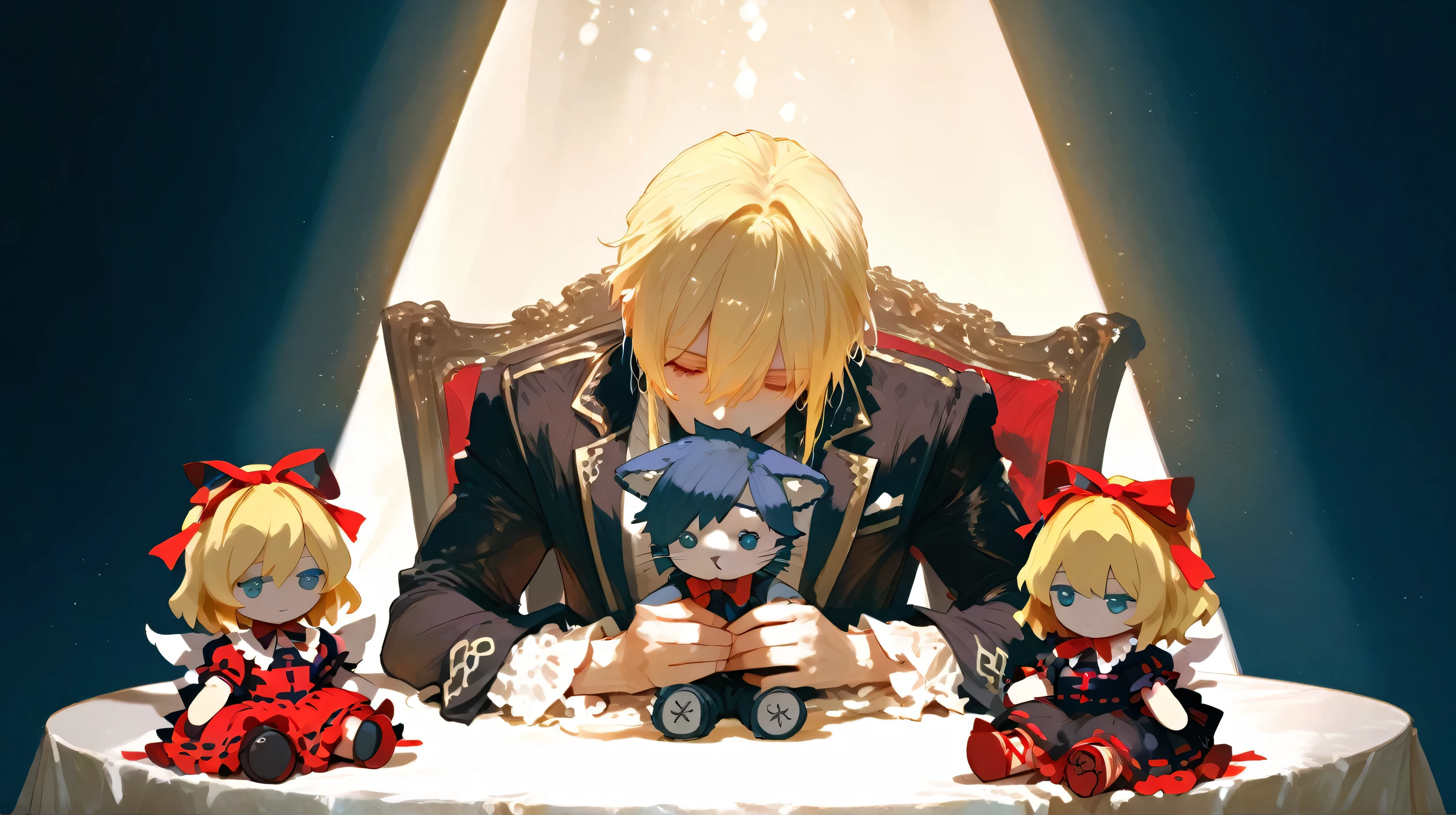 best quality, masterpiece, 1boy, a young male boy with blonde hair at dinner table with spotlight, small plush dolls seated at other chairs. melancholy and ethereal. cinematic composition, ambient lighting