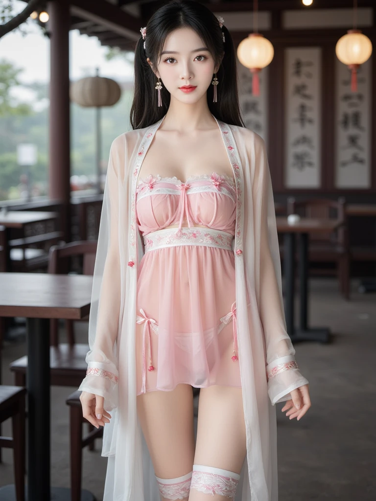 Fashion model 18 years old , Perfect eyes, Perfect iris,Perfect lips,Perfect Teeth,Perfect skin,White skin,Long and thin nose,(beautiful five fingers),A girl,(Beautiful breasts),(Siamese transparent pork shreds),,Keep your eyes on the camera,body camera,delicate face,Sexy highlighted,Slim,Breast enlargement,Buttocks fat,Show leg length,(full-body shot),The background is a mountain with green trees,Flowers,4K Ultra HD, Ultra-high resolution, (lifelike: 1.4), best quality,masterpiece,(Soft colors:1.2),(Bottom front view 1.8)