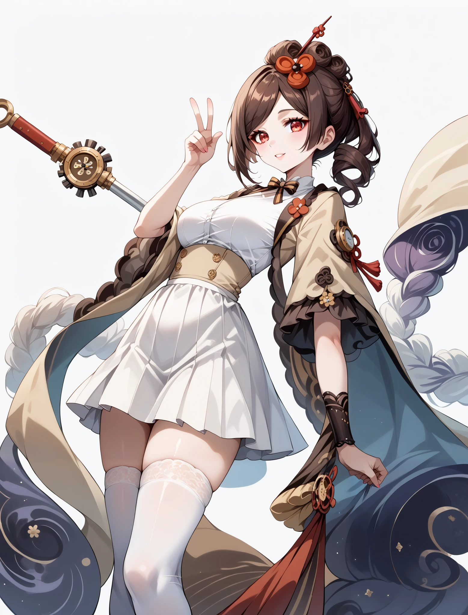 score_9, score_8_up, score_7_up, source_anime, 4K,perfect fingers,(perfect hands, perfect anatomy),prefect lighting, very aesthetic, intricate details,highly detailed background, masterpiece, high quality, best quality,
1girl,Solo,genshinchiori, chiori, brown hair, hair ornament, red eyes, flower, hair flower, large breast,
wearing ((steampunk design,Her attire includes a light beige/cream-colored top with brown accents detailing and stitching reminiscent of gears and cogs, She wears a brown lace-edged steampunk-inspired under-skirt with decorative details, )),,
((White plain background:1.5)) , ((White plain background:1.5)) , She's posing with her body angled toward the viewer, her gaze directed slightly to the viewer's right, The visual focus is on the woman and her costume, The lighting is bright and highlights the costumes' textures and details,