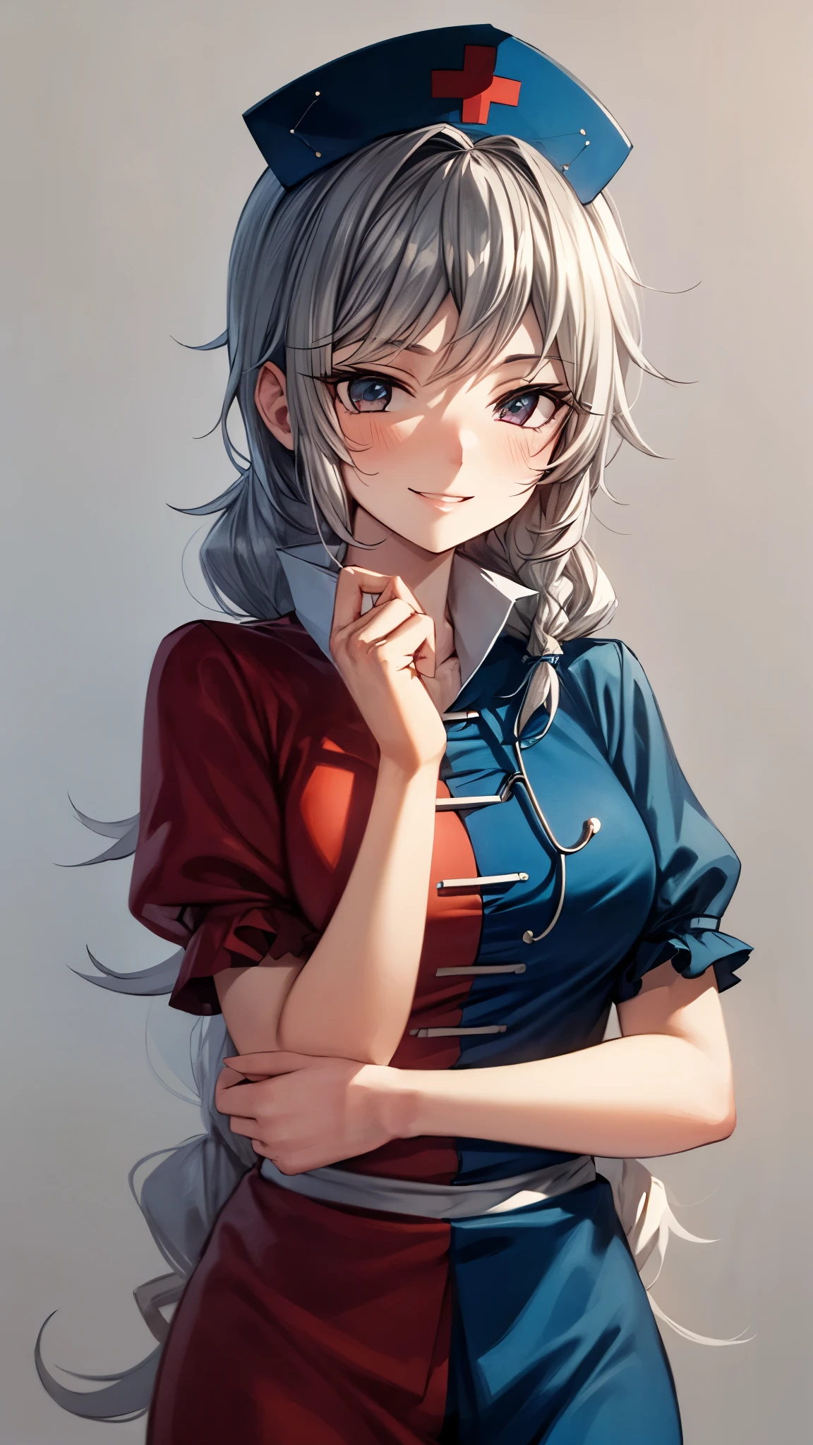 (Ultra High Quality,Ultra High Definition,16k,super masterpiece,Ultra HD , detailed shading and background,) one woman,Long silver hair, braids, Chest Valley,smile, nurse cap ,blush,Old medical room,