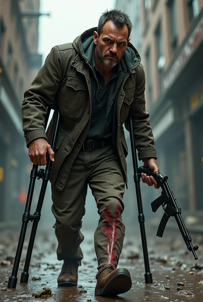 ultra realistic photograph, RAW professional photograph, (a middle-aged man), camouflage jacket and camouflage pants, sunglasses, black gloves, dynamic action angle, holding a pistol, solo character sharp focus, cyberpunk futuristic urban, intense deep shadows