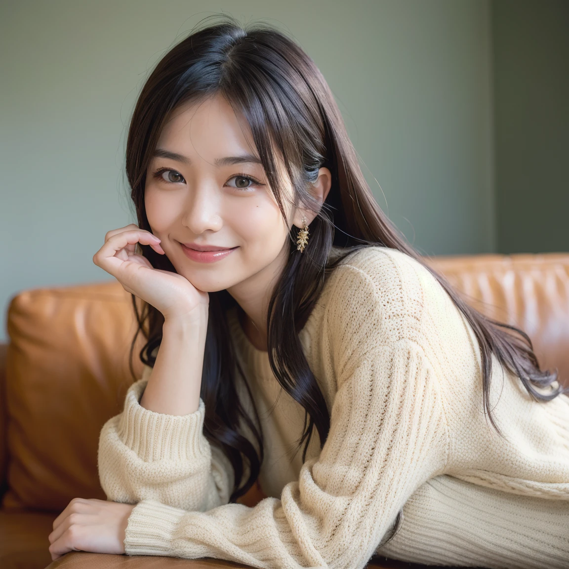 Perfect face and big breasts, lean face, thin eyebrows, brown hair, short bob curled hair, ((20-year-old girl with a slim and slender physique)), slender physique, lean !!!、 skin has detailed and very detailed eyes (1.1 emphasis), very detailed skin texture (1.1 emphasis). Necklace. Model photo style, photorealistic, skin texture is real human skin texture, detailed skin pores, intricate details, eyes very detailed. Adult date attire, dating, dating!!!、! Dream date, very detailed date, cake, cake shop interior, black knitted sweater, jacket, rucksack, earrings. Full body, attractive sexy little bit, smile, strong smile, cute pose, sitting. Holding a cake, eating a cake, opening your mouth, bursting out laughing, laughing big, smiling. :2 --s2