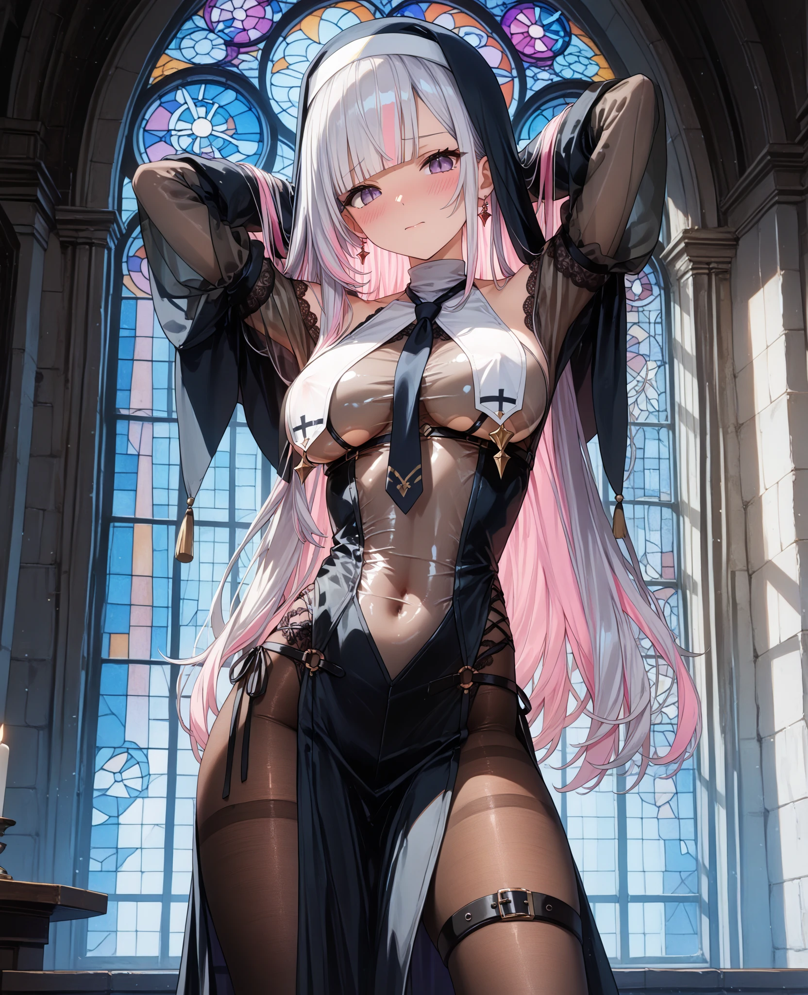 [underwater:Church:16],best quality,masterpiece,illustration,(realistic, photo-realistic:1.15),amazing,finely detail,incredibly absurdres,ultra-detailed,highres,beautiful detailed girl,extremely detailed eyes and face,beautiful detailed eyes,ray tracing,stained glass,1girl,pink hair,large breasts,building_ruins,see-through dress,ace stockings,skindentation,sweat,