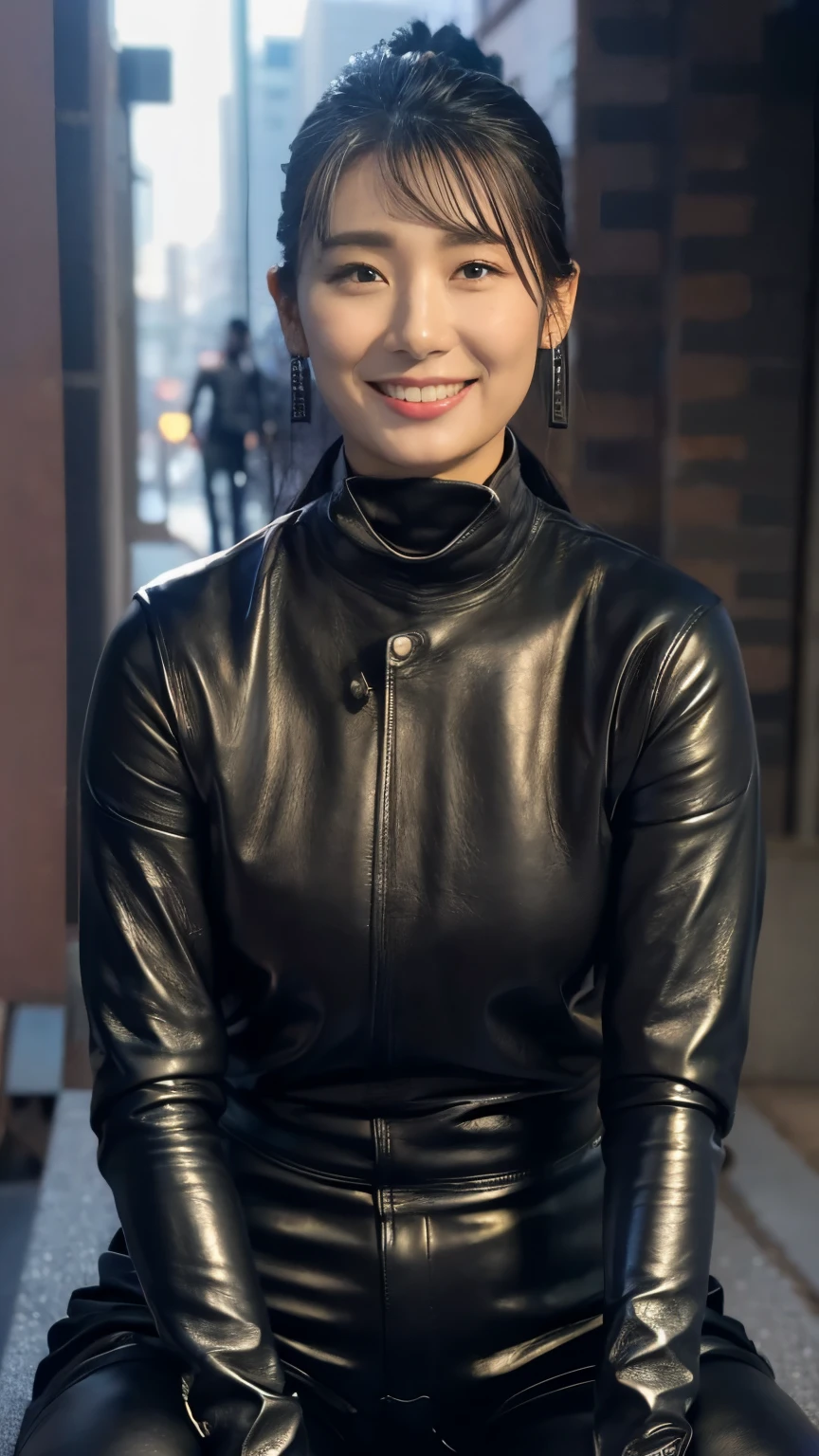 最high quality, 8k, Vibrant, Sharp focus, high quality, High resolution, Middle-aged women, Mature Woman, 55 years old, (Whole Body Ezbian), (High heels face detail, Highly detailed eyes, Plump figure、Plump face、((big 1.6))、(((Large Breasts)))、((Black leather clothing))、garden、Random Hairstyles、A kind smile、
