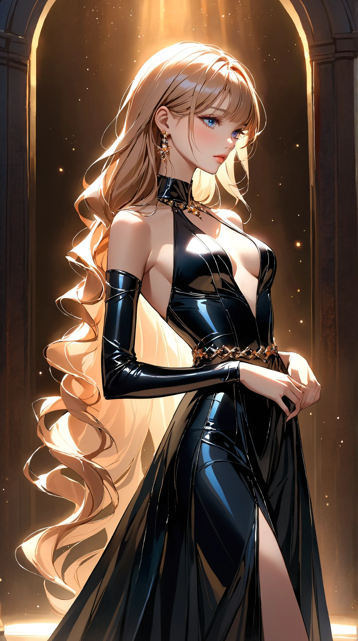 Beautiful woman with long straight ponytail blond hair with blue eyes wearing a Black Tight Leggings With Golden Dragon Prints, a Red Sexy Criss Cross Mock Neck Short Sleeves Dress With Phoenix Prints, luxurious jewelry and a luxurious necklace, 18k gold wedding ring on left hand, standing in a balcony at night of full moon, (caucasian skin), (light brown lipstick), (elegant mascara), (slim body with abs), (small breasts), (wide hips), midjourney, <lora:GoodHands-, <lora:GoodLegs-, UHD, high resolution, (masterpiece:1.1, best quality), (expressive eyes, perfect face, full body, expressive face, perfect body, perfect pussy, athletic, fit, slim body, blushing, Perfect makeup, eyeliner, beautiful eyelashes, smiling, horny face), ((best illumination, best shadows)), ((sexy pose))