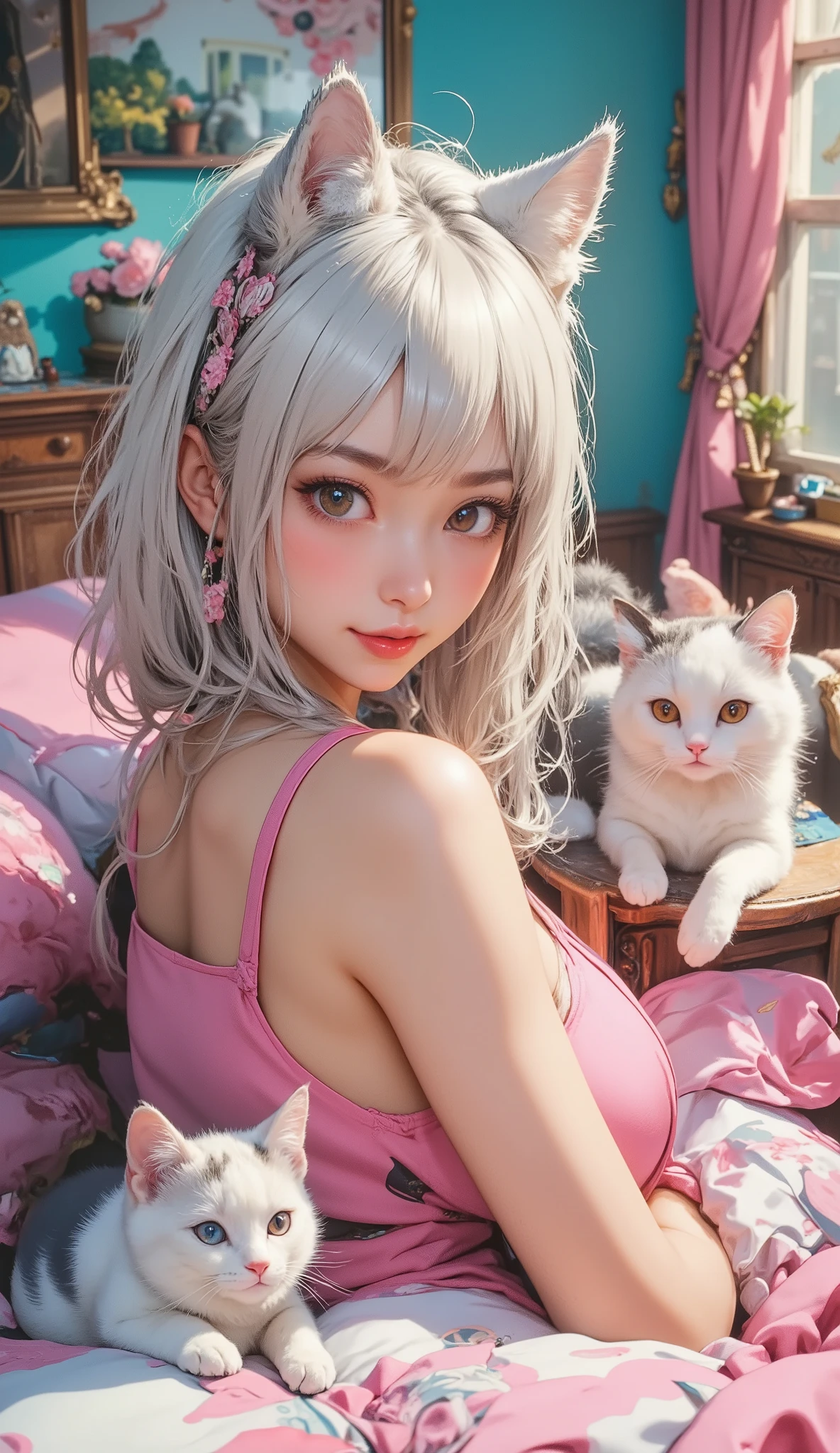 score_9, score_8_up, super realistic depiction, high resolution, masterpiece, highest image quality, high definition, 4K quality, 8K quality, beautiful girl, japanese, twenty years old, sexy idol, (((white hair))), short hair, (((smile shyly:1.8))), gaze, long eyelashes, (((big brown eyes))), blush, pink lip, tilt its head, (((cute pink loungewear))), (((lie in bed:1.4))), (((colorful cute bedroom:1.4))), (((A calico cat and a white cat are lying down)))