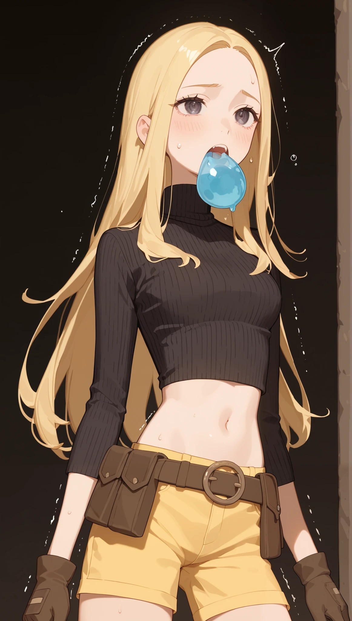 ((masterpiece,best quality)) ( cartoon_LorA}, {horror_edit : } {} { ({ (Terra, 1girl, yellow shorts, solo, long hair, blonde hair : forehead } { gloves, black turtleneck, midriff, belt, belt pouch } { :} {standing : widely opened mouth : slime exiting mouth, mouth_full_with_slime : slime inside mouth , perverted slime, sweating, dead_eyes , trembling} { sweating : tears : rolling_eyes : } { { obedient : slave } : } : dark, messy bedroom : }
