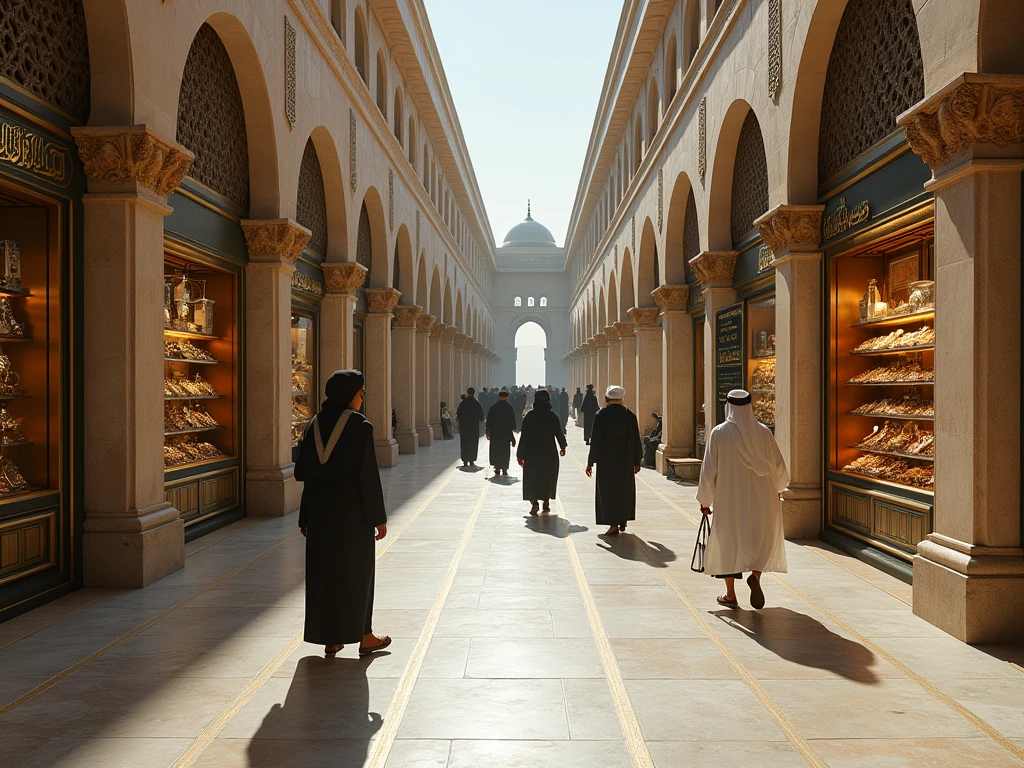 ((the girl is wearing a simple white hijab)), long hijab, ((she is wearing a very long simple white loose abaya)), the abaya has long sleeves, ((extremely long abaya)), long veil, back view, back view,Two young girls in blue and white school uniforms walk down the stairs in a busy floating market. The market is filled with colorful stalls, lanterns and crowds. A red cable car glides overhead, connecting the market with a cluster of buildings suspended in turquoise waters. This scene is full of life and energy, with a touch of whimsy, XL more detail,Architectural100,clouds,scenery,sky,high saturation,extremely detailed