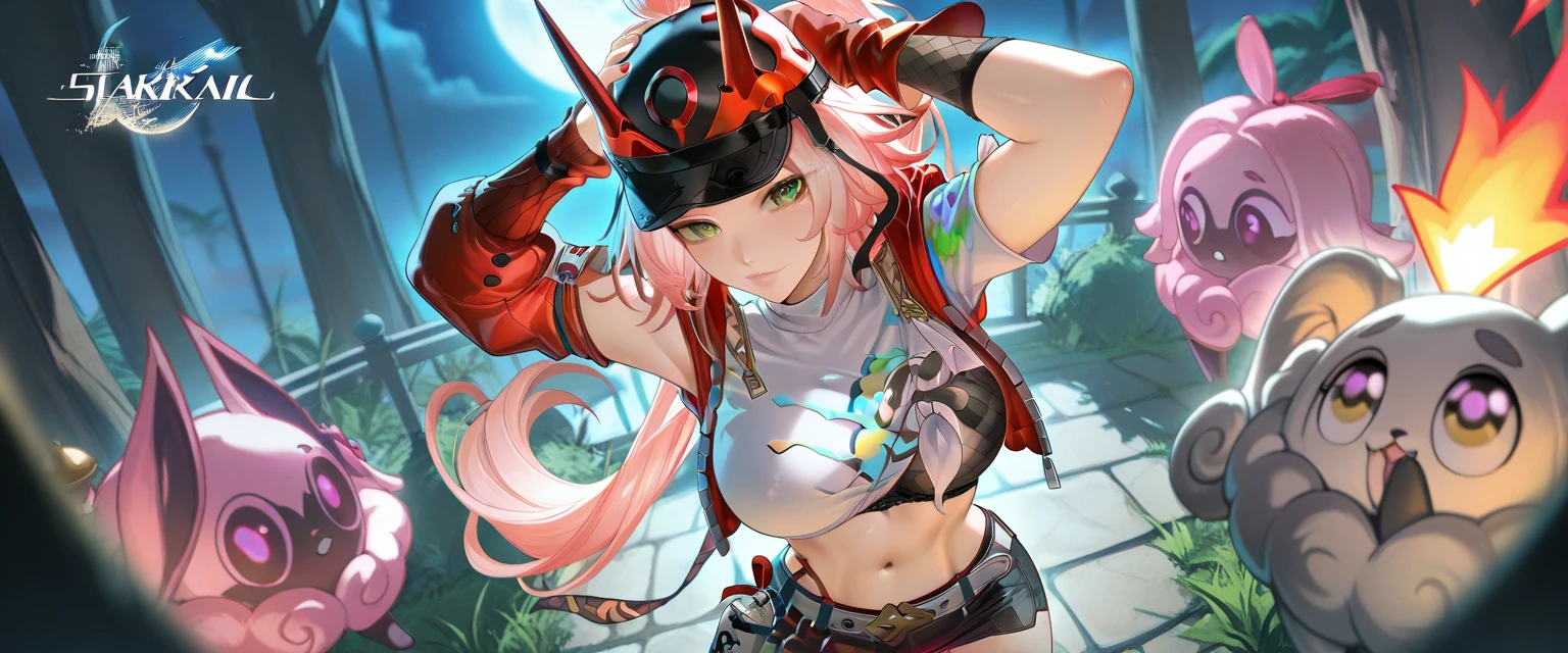 highest quality、High resolution、Real Anime、3D、Splatoon Girl、Alternative anime girl covered in tattoos, Lots of tattoos, tattoo sleeve, gigantic breast、Cleavage、Pink short tentacle hair、Golden Eyes、blush、Smiling with mouth slightly open、focus on pink and yellow colors, figure, basic color background, Industrial, graphic, lino print