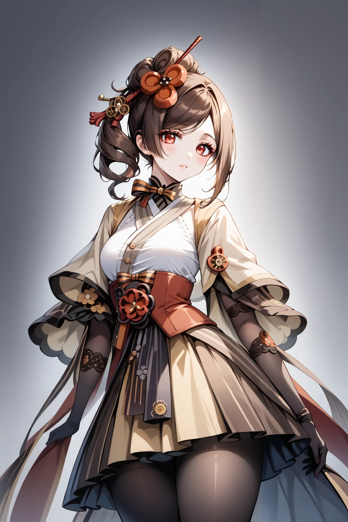 score_9, score_8_up, score_7_up, source_anime, 4K,perfect fingers,(perfect hands, perfect anatomy),prefect lighting, very aesthetic, intricate details,highly detailed background, masterpiece, high quality, best quality,
1girl,Solo,genshinchiori, chiori, brown hair, hair ornament, red eyes, flower, hair flower, large breast,
wearing ((steampunk design,Her attire includes a light beige/cream-colored top with brown accents detailing and stitching reminiscent of gears and cogs, She wears a brown lace-edged steampunk-inspired under-skirt with decorative details, )),,
((White plain background:1.5)) , ((White plain background:1.5)) , She's posing with her body angled toward the viewer, her gaze directed slightly to the viewer's right, The visual focus is on the woman and her costume, The lighting is bright and highlights the costumes' textures and details,
