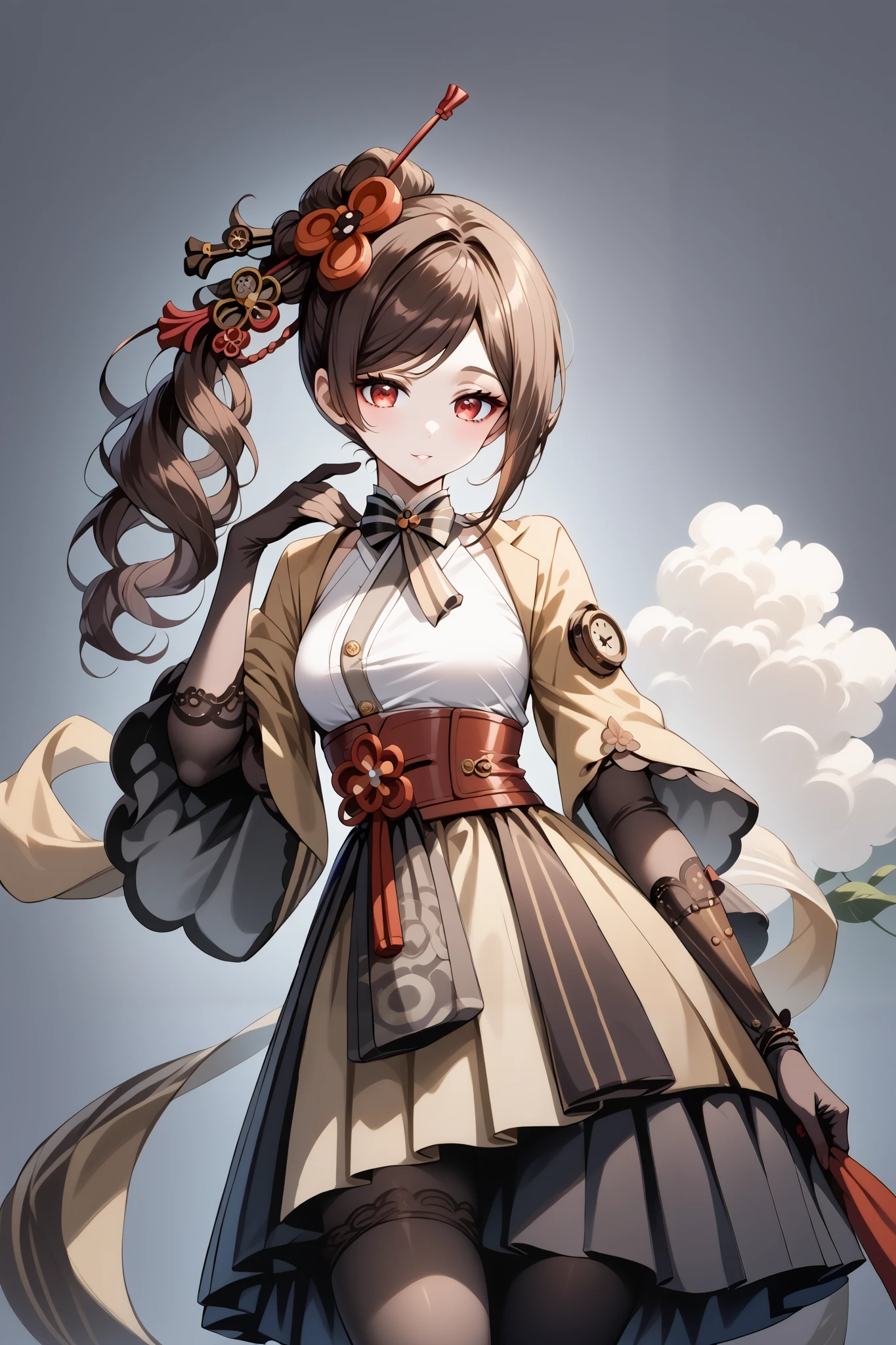 score_9, score_8_up, score_7_up, source_anime, 4K,perfect fingers,(perfect hands, perfect anatomy),prefect lighting, very aesthetic, intricate details,highly detailed background, masterpiece, high quality, best quality,
1girl,Solo,genshinchiori, chiori, brown hair, hair ornament, red eyes, flower, hair flower, large breast,
wearing ((steampunk design,Her attire includes a light beige/cream-colored top with brown accents detailing and stitching reminiscent of gears and cogs, She wears a brown lace-edged steampunk-inspired under-skirt with decorative details, )),,
((White plain background:1.5)) , ((White plain background:1.5)) , She's posing with her body angled toward the viewer, her gaze directed slightly to the viewer's right, The visual focus is on the woman and her costume, The lighting is bright and highlights the costumes' textures and details,