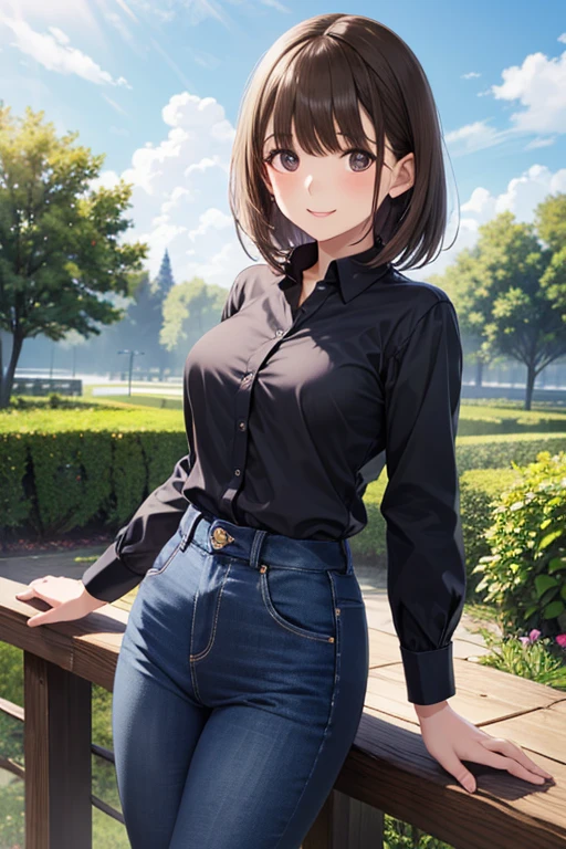 anegasaki nene、Shiny brown hair, short hair, (Beautiful brown eyes、Sparkling eyes, Fine grain)、smile、Super detailedな目、Very detailed顔, Very detailed目,
超High resolution, Superior Quality, Highest quality, Super detailed, Realistic, 8k, RAW Photos, Highest quality, masterpiece, Attractive girl, A wonderful girl,
One girl,, Beautiful attention to detail, Beautiful lip detail, smile, Cowboy Shot、
Black long sleeve shirt, long black jeans, Are standing, Full Body Shot, garden, (Highest quality,8k,High resolution,masterpiece:1.2),Very detailed,(Realistic,photoRealistic,photo-Realistic:1.37),High resolution,Vibrant colors,Natural light,Cinematic atmosphere,Fantasy,Soft lighting
