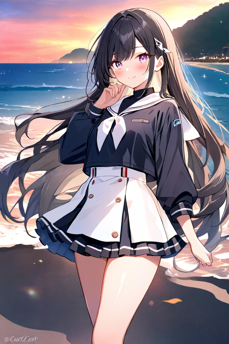 Junior high school student who looks like an elementary school student, 14 years old, very short, 140 cm tall, black hair with a slight green tinge, short ahoge, beautiful long hair but with a little hair sticking out, beautiful round eyes, blue eyes, smile, boyish, long sleeves, Thick clothes, skirt, big breasts, hair longer than waist, long hair, childish face, gentle smile, a little shy, black skirt, black hair with a slight green tinge, boyish, gentle smile, jacket one size larger, ( Deep greenish black hair: 1.3),Night, moonlight, sandy beach, walking, looking back, looking back, footprints on the sandy beach