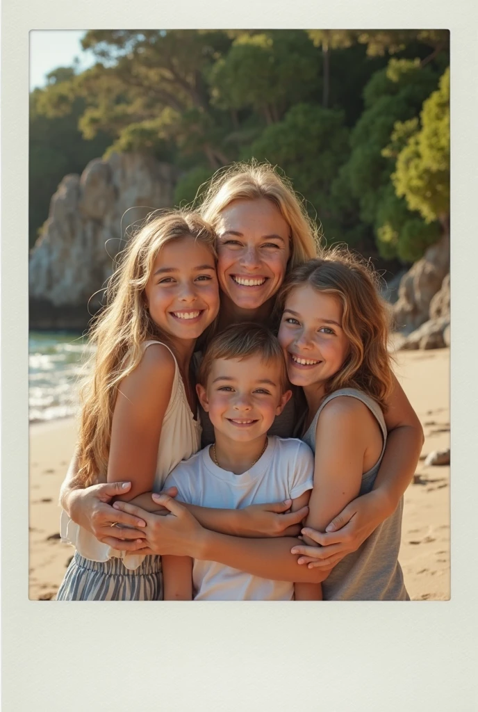 Prompt: A breathtaking cinematic photo of a woman with three children, all having fair skin, blonde hair, and blue eyes, playing happily at a sun-kissed beach, joyous laughter echoing in the background. The mother, with a radiant smile, her eyes sparkling with love, protectively watches over her little ones, her long, wavy hair gently blown by the sea breeze. The children, full of energy and mischief, are engaged in a sandcastle building contest, their tiny hands covered in grains of sand. The image is shot in high definition, with a shallow depth of field, emphasizing the mother and her children against the vast, blue ocean. The golden hour