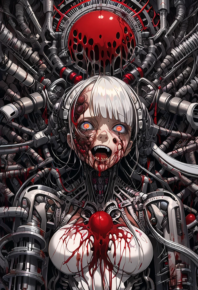(((masterpiece))), ((highest quality)), (Super detailed), (CG illustration), (So evil and beautiful)), Studio Light, ((機械のスプラトゥーンの1 girl)), single, (Mechanical Arts: 1.4), ((Mechanical Limbs)), (Blood vessel attached to a tube), ((Mechanical spine attached to the back)), ((Mechanical cervical spine attached to the neck), (Back to viewers)), Expressionless, ( Wires and cables connected to the head and torso: 1.5), SF, Apocalypse, Remains, (Lower body integrated with mechanical device), (Blood: 1.5), Cruelty, Disorganized, eroticism, Integration with machines, The End Times, Super Future, inorganic, Research Room, Constraints, (Beautiful luxury: 1.2), (1 girl: 1.3), Body wrapped around the tentacles of the machine、Golden Eyes、Manufacturing plant、smile、