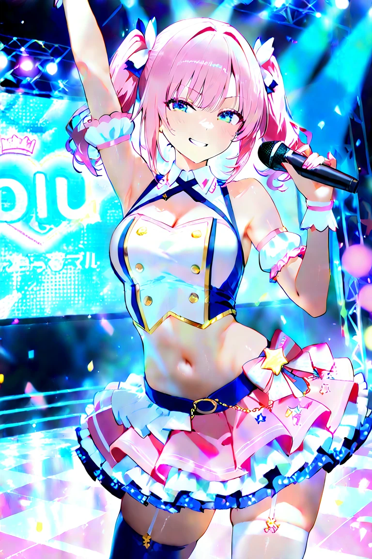 masterpiece、Soft Focus , Bright gradient watercolor、Tabletop, High resolution, 8k, Anime Women, Delicate and detailed writing 、Detailed digital illustration、high resolution, high quality、Detailed Background、Close-up photo、
long hair、Shiny Hair、Bright pink hair、bangs、Very beautiful woman、Idol、Double Eyes、、
(((Two arms、Four fingers, One thumb)))、Detailed female face、(Holding a microphone:1.3)、Singing on a microphone、(Idol Costumeini)、 short skirt、pink ribbon、pink rose hair accessory、pink and white outfit、(all nude)
