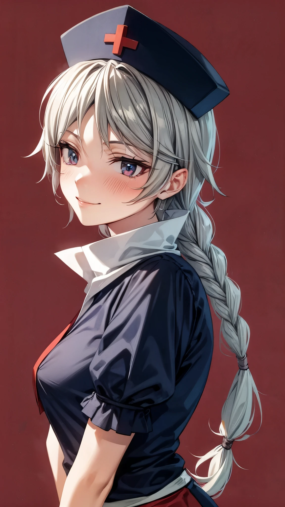 (Ultra High Quality,Ultra High Definition,16k,super masterpiece,Ultra HD , detailed shading and background,) one woman,Long silver hair, braids, Chest Valley,smile, nurse cap ,blush,Old medical room,