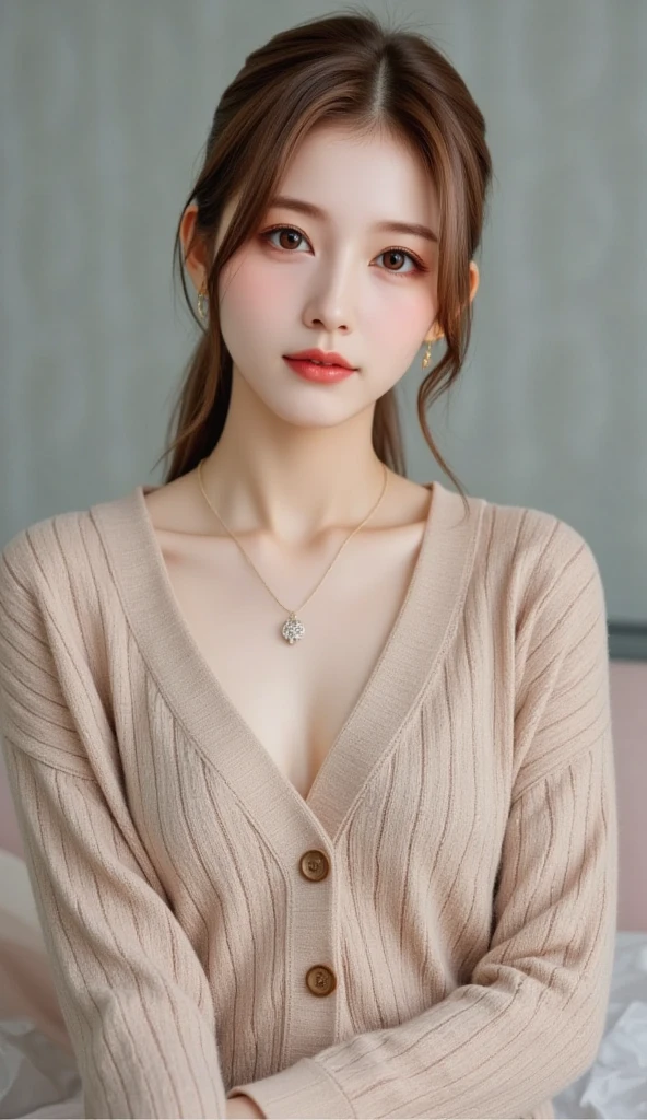 Highest quality, (beautiful)、Larger breasts、、Brown Hair、looking at the camera、Sit on the sofa、Close-up、pub、necklace、Earrings、night、String panties、pajamas