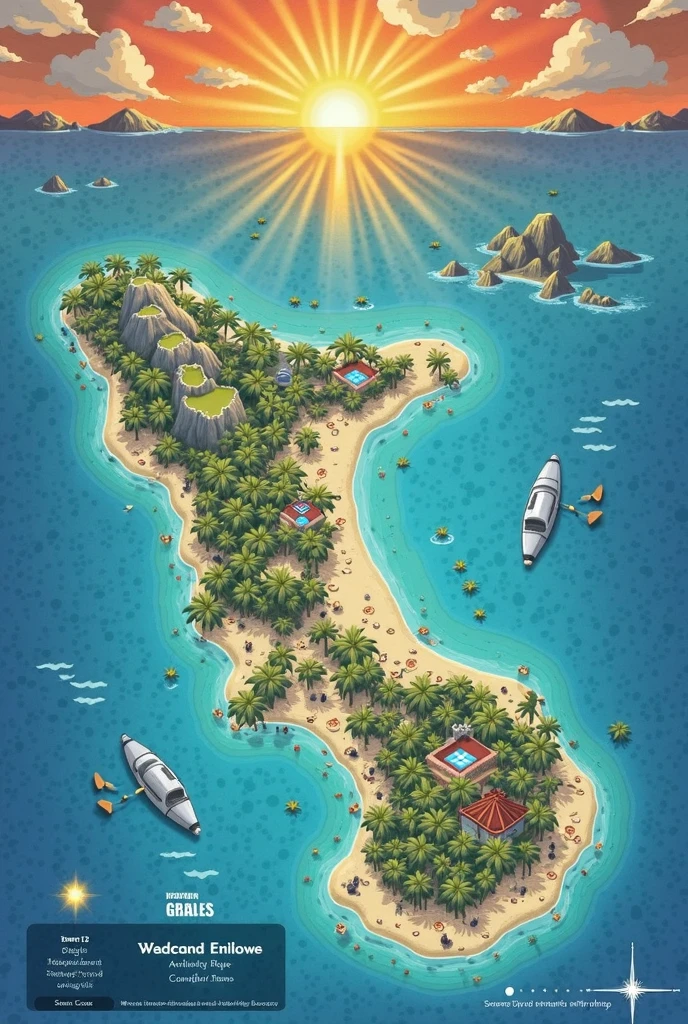 Create a Map that is kind of the same from the first one: 
 A roughly circular island with a mountainous interior, surrounded by a ring of white sandy beaches. The coastline is dotted with small coves and lagoons. A single, winding river flows from the mountains to the sea.