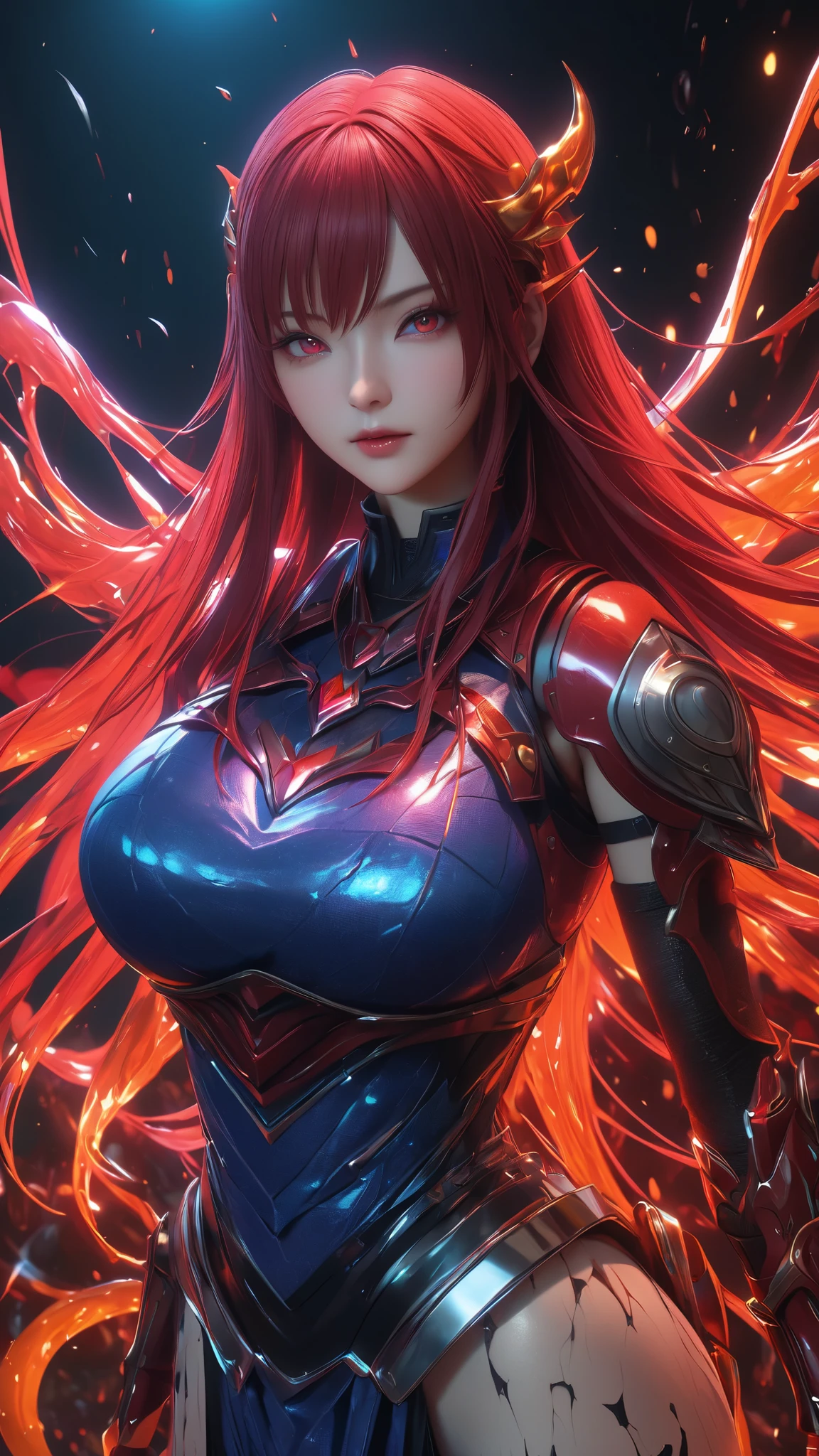 Anime girl with red hair and white details, detailed anime face with expressive eyes and a mad expression, clenching her fist, shown in a half-body view set in a vibrant splash art background