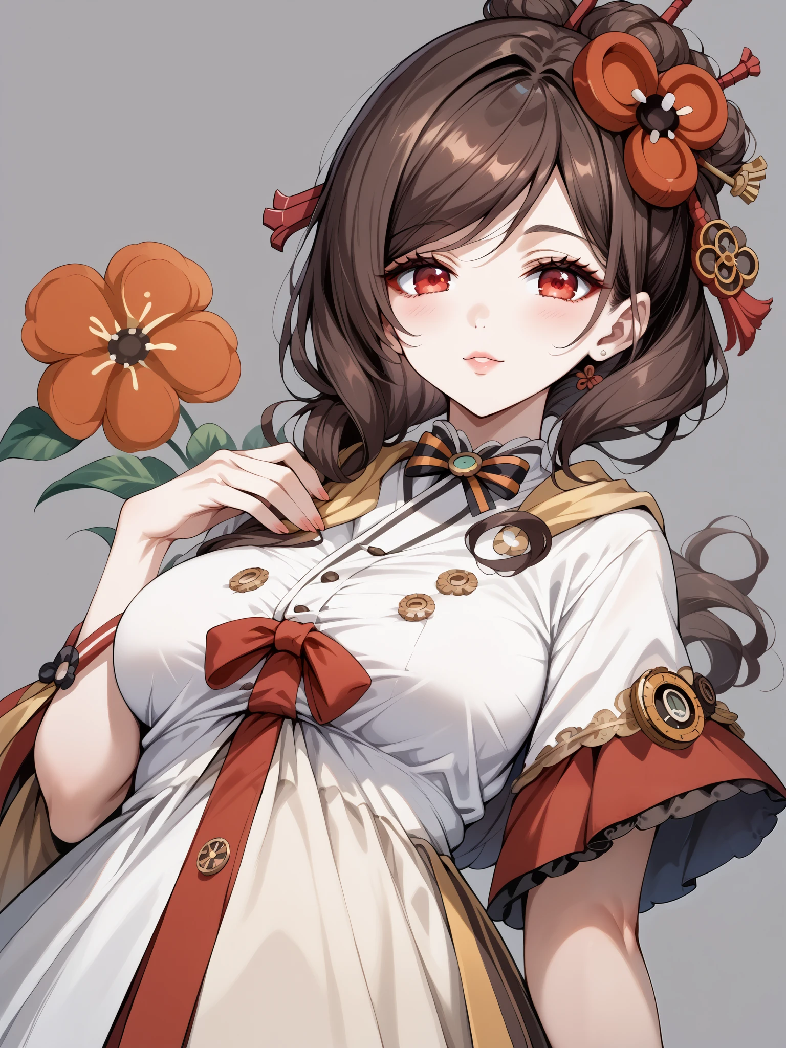 score_9, score_8_up, score_7_up, source_anime, 4K,perfect fingers,(perfect hands, perfect anatomy),prefect lighting, very aesthetic, intricate details,highly detailed background, masterpiece, high quality, best quality,
1girl,Solo,genshinchiori, chiori, brown hair, hair ornament, red eyes, flower, hair flower, large breast,
wearing ((steampunk design,Her attire includes a light beige/cream-colored top with brown accents detailing and stitching reminiscent of gears and cogs, She wears a brown lace-edged steampunk-inspired under-skirt with decorative details, )),,
((White plain background:1.5)) , ((White plain background:1.5)) , She's posing with her body angled toward the viewer, her gaze directed slightly to the viewer's right, The visual focus is on the woman and her costume, The lighting is bright and highlights the costumes' textures and details,